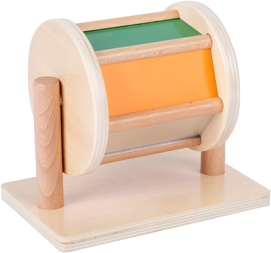 Montessori Baby Toys Play Kit Montessori Mirror Peekaboo Knob Puzzle, Medium Spinning Drum and Rainbow Fabric Ball Kit Toys for 6-12Months Toddlers