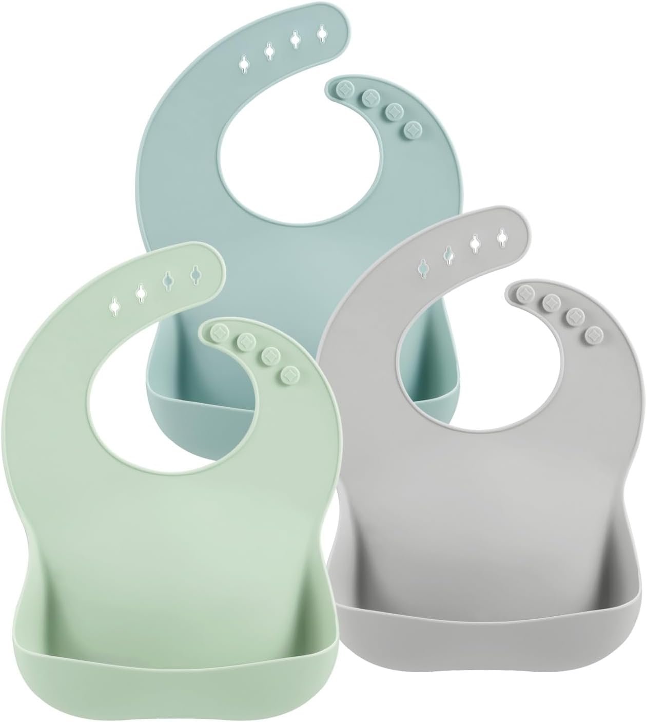PandaEar 3-Pack Silicone Baby Bibs for Infants & Toddlers – Waterproof Soft Food Catcher Pocket – Easy Wipe & Dishwasher Safe – Adjustable Fit (Lake Green, Blue, Grey)
