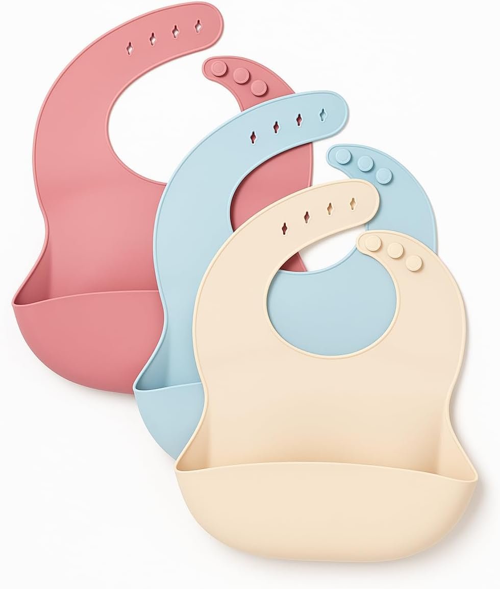 Soft Silicone Baby Bibs – 3 Pack | Adjustable, Waterproof, Easy-Clean Feeding Bibs