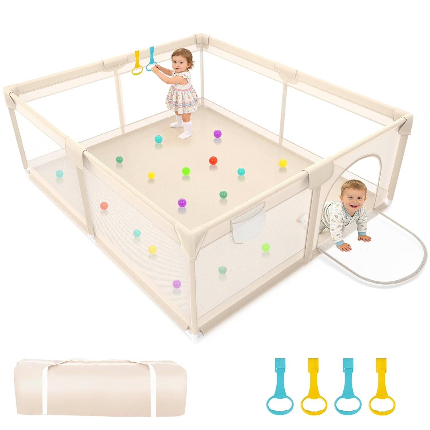 Playpen for Babies and Toddlers 79x71inch – Extra Large Baby Gate Play Pen with Soft Breathable Mesh Cover – Indoor and Outdoor Baby Playard – Portable Playpen for Babies (Apricot)