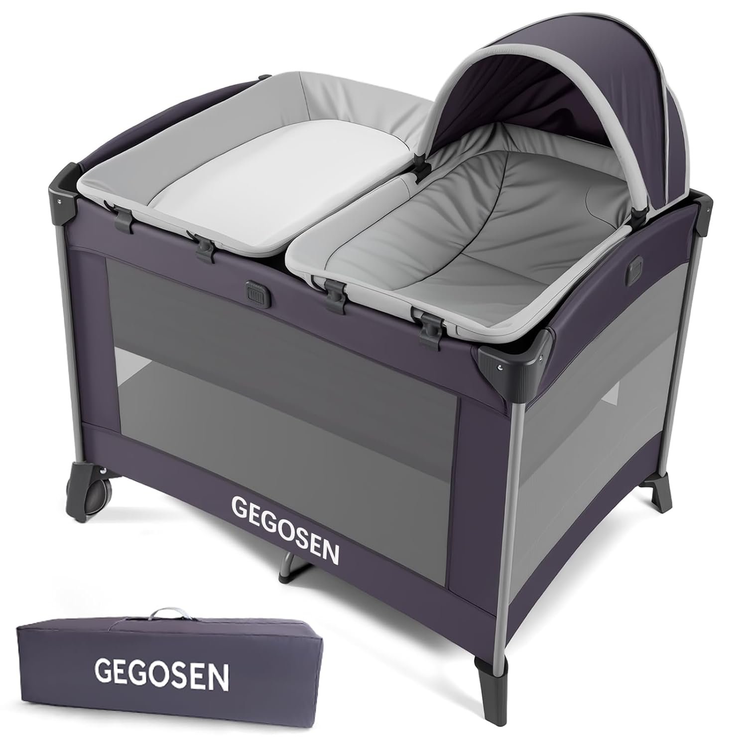 Portable Baby Playard 4 in 1 Design, Foldable Baby Playpen with Removable Bassinet, Canopy and Changing Table, Infant Playrad, Nursery Center Travel Crib