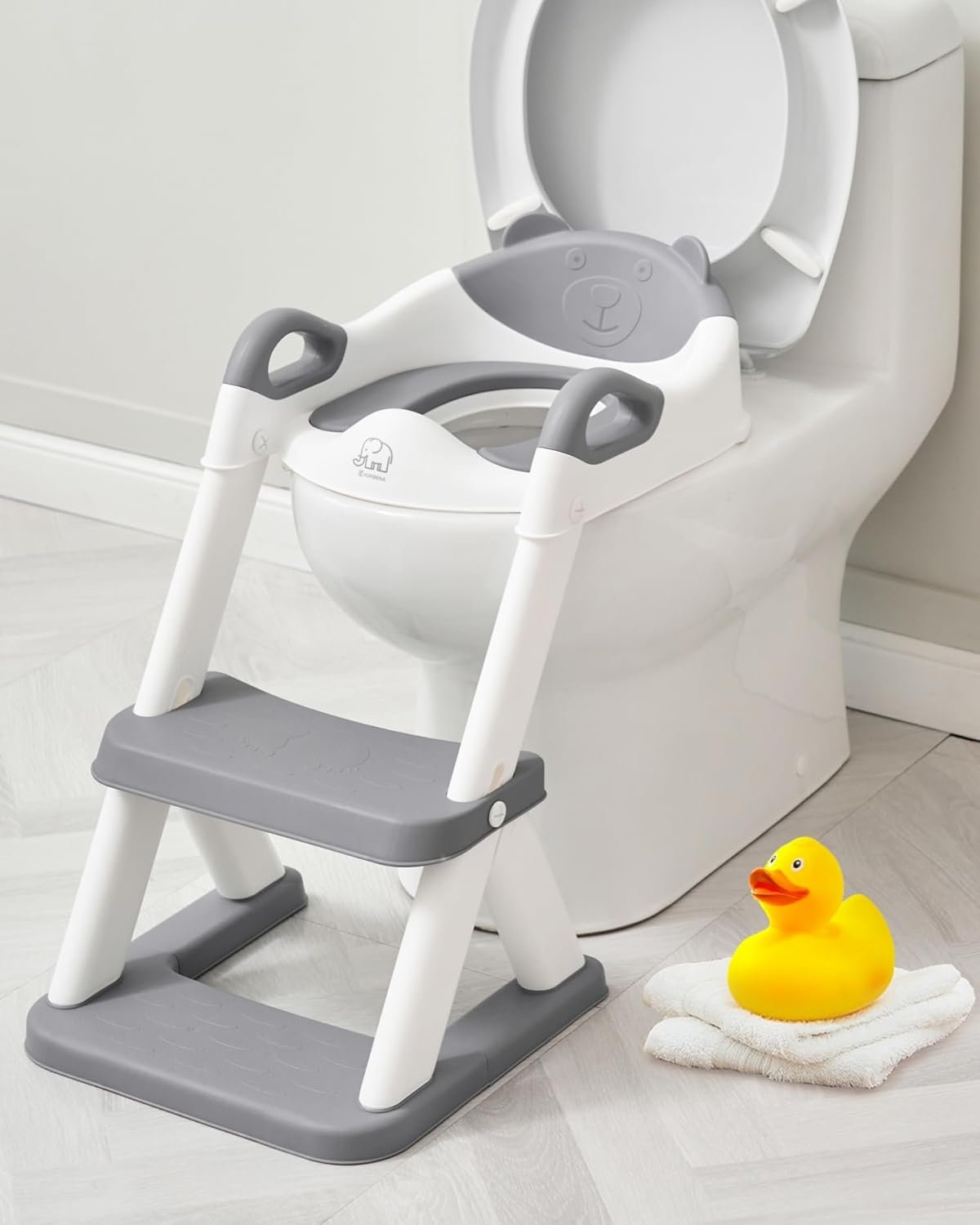 Forbena Toddler Potty Training Seat with Step Stool Ladder, Toilet Potty Seat for Baby Boys Girls Toddlers, Kids Chair Stairs with Handles and Soft Cushion (White and Grey)