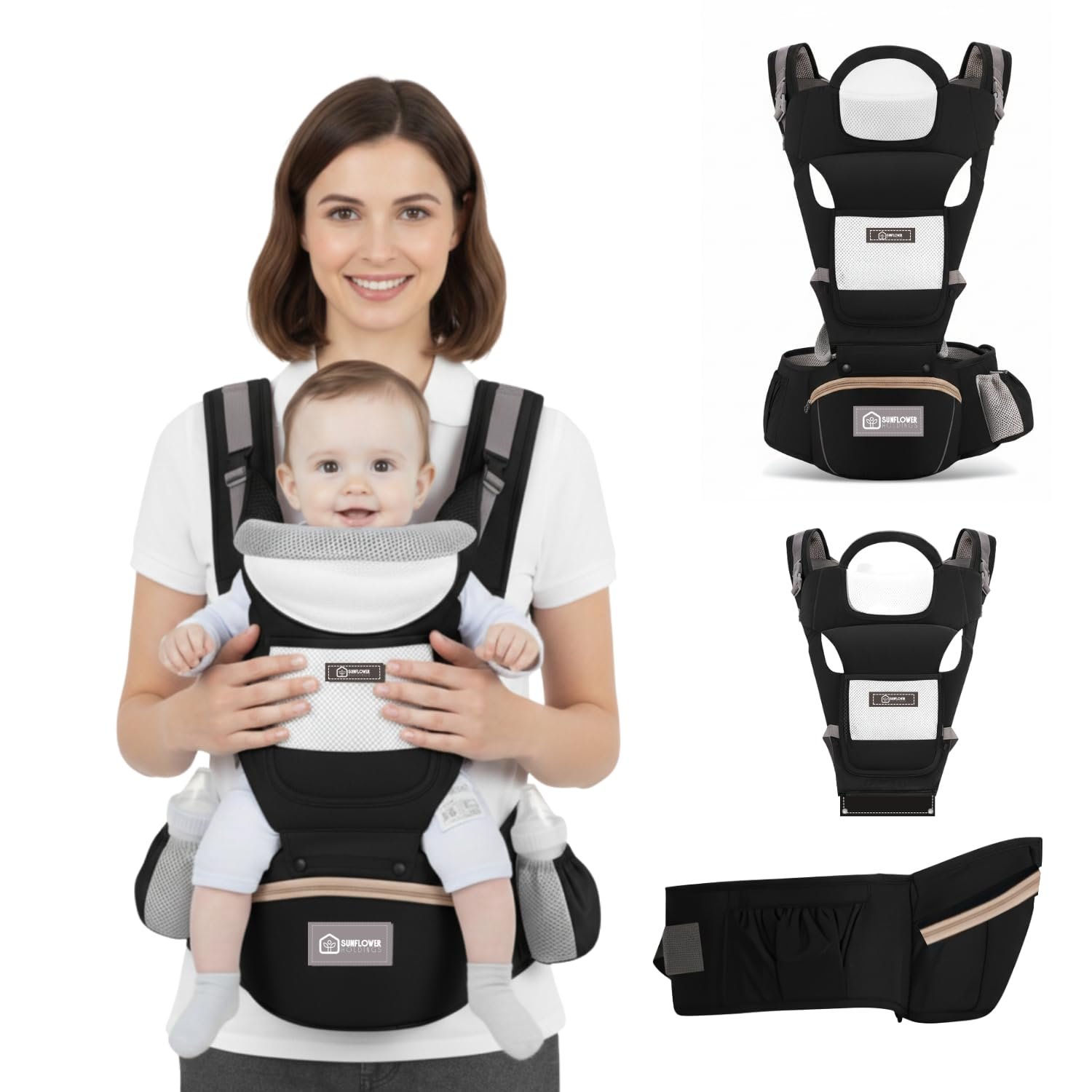 6-in-1 Ergonomic Baby Carrier with Detachable Hip Seat & Head Support, Adjustable Waist Fits 29-42 inches & Shoulder Straps, M-Shape Toddler Carrier with Big Storage Pocket for Newborn to Toddler