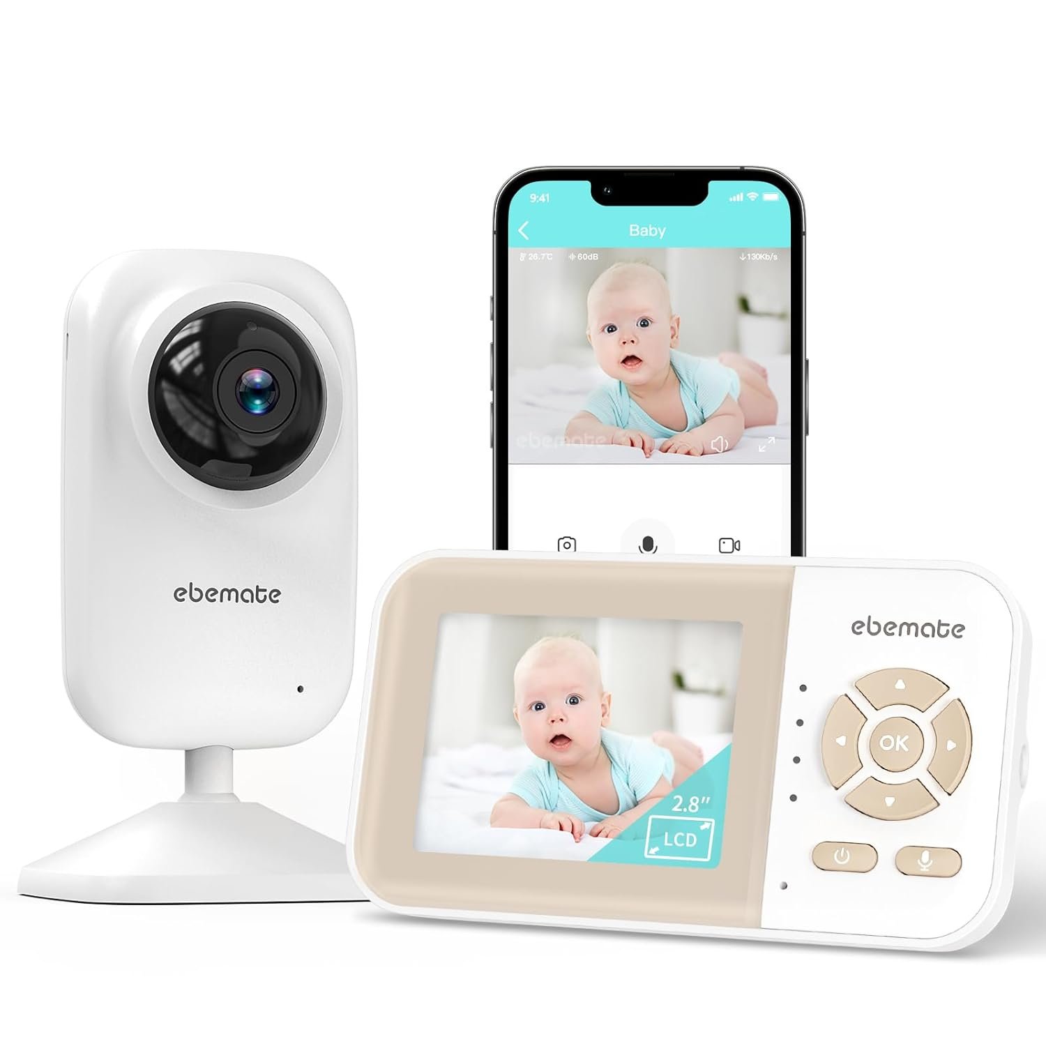ebemate Video Baby Monitor | 2.8″ LCD Screen | 1200FT Range | Temperature & Feeding Alerts | No-Glow Night Vision | 2-Way Talk