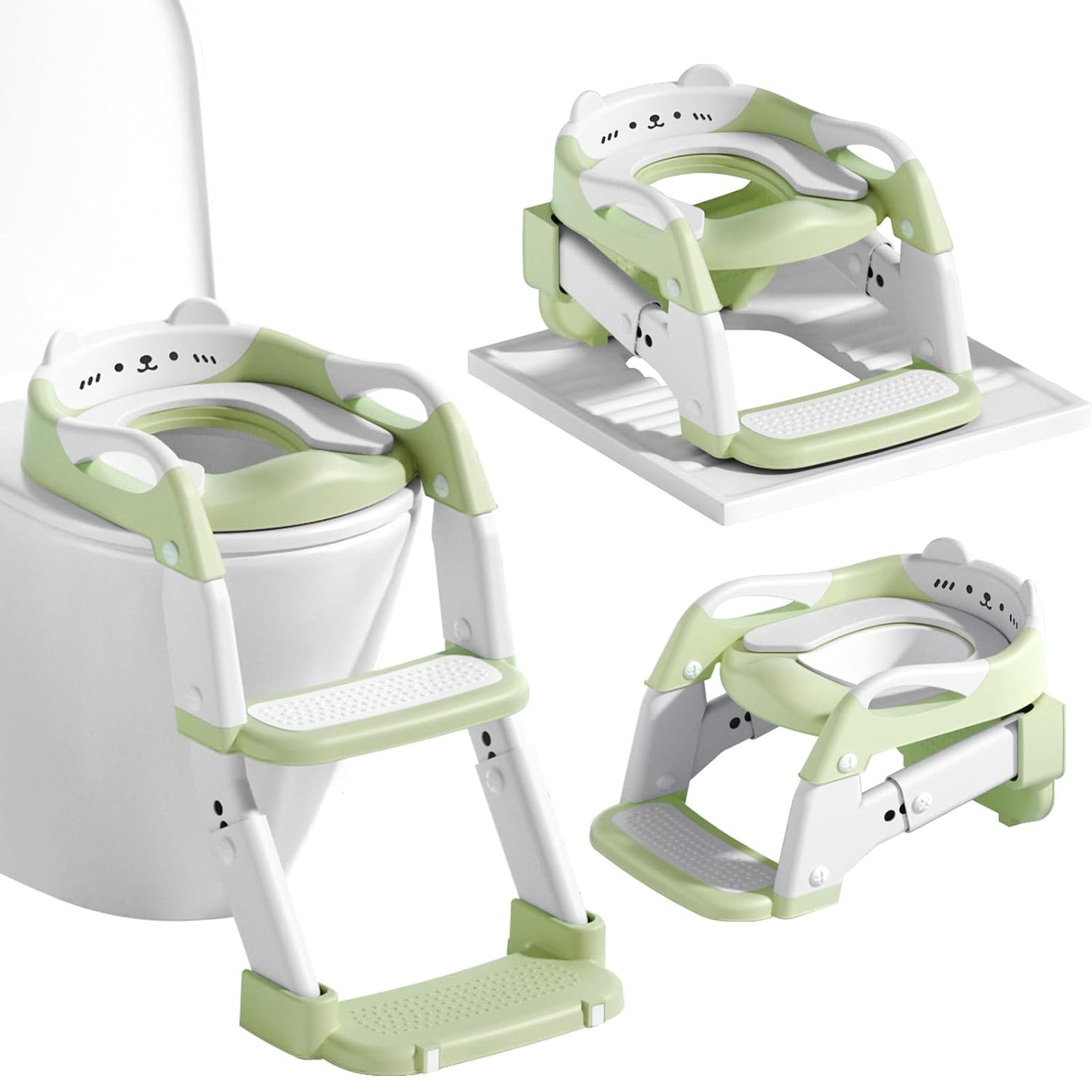 3-in-1 Baby Potty Training Seat with 2 Step Ladder, Splash Guard Anti-Slip Pad, Height Adjustable Toddler Toilet Seat with Soft Cushion for Kids Boys Girls(Green)