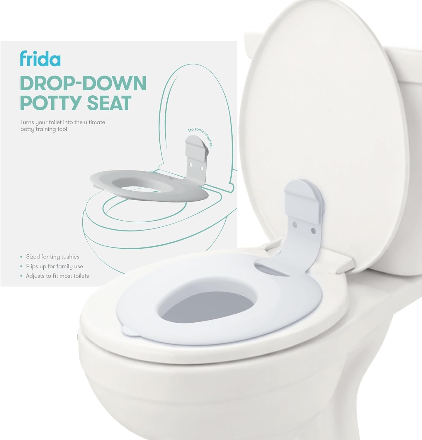 Frida Baby Drop Down Potty Seat, Potty Training Seat for Toddlers, Attaches Securely to Adult Toilet, Flips Up or Stays Down for Kid Ready Access, Easy to Clean, Secure, Stable & Easy to Install