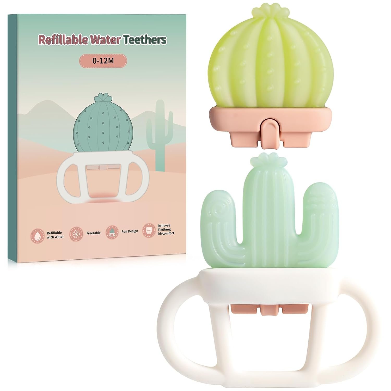 2 Pcs Baby Teether Toy – Water Fillable Teething Relief for Infants 0-12 Months, Silicone Baby Teething Toys Chill Teether, Cools & Massages Sore Gums (Green Cactus)