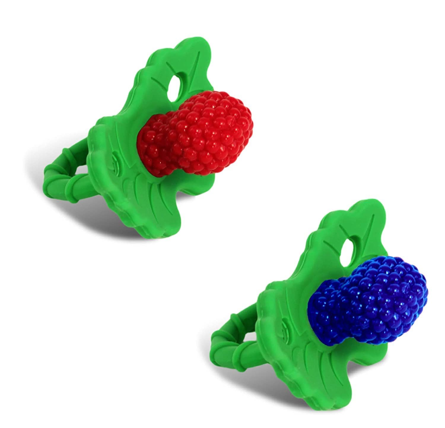 RaZbaby RaZberry Silicone Teether Pacifier – Teething Relief for Infants, Food-Grade, BPA-Free, Hands-Free, Natural Berrybumps Fruit Texture for Sensory Development, Freezable, 2-Pack – Red & Blue