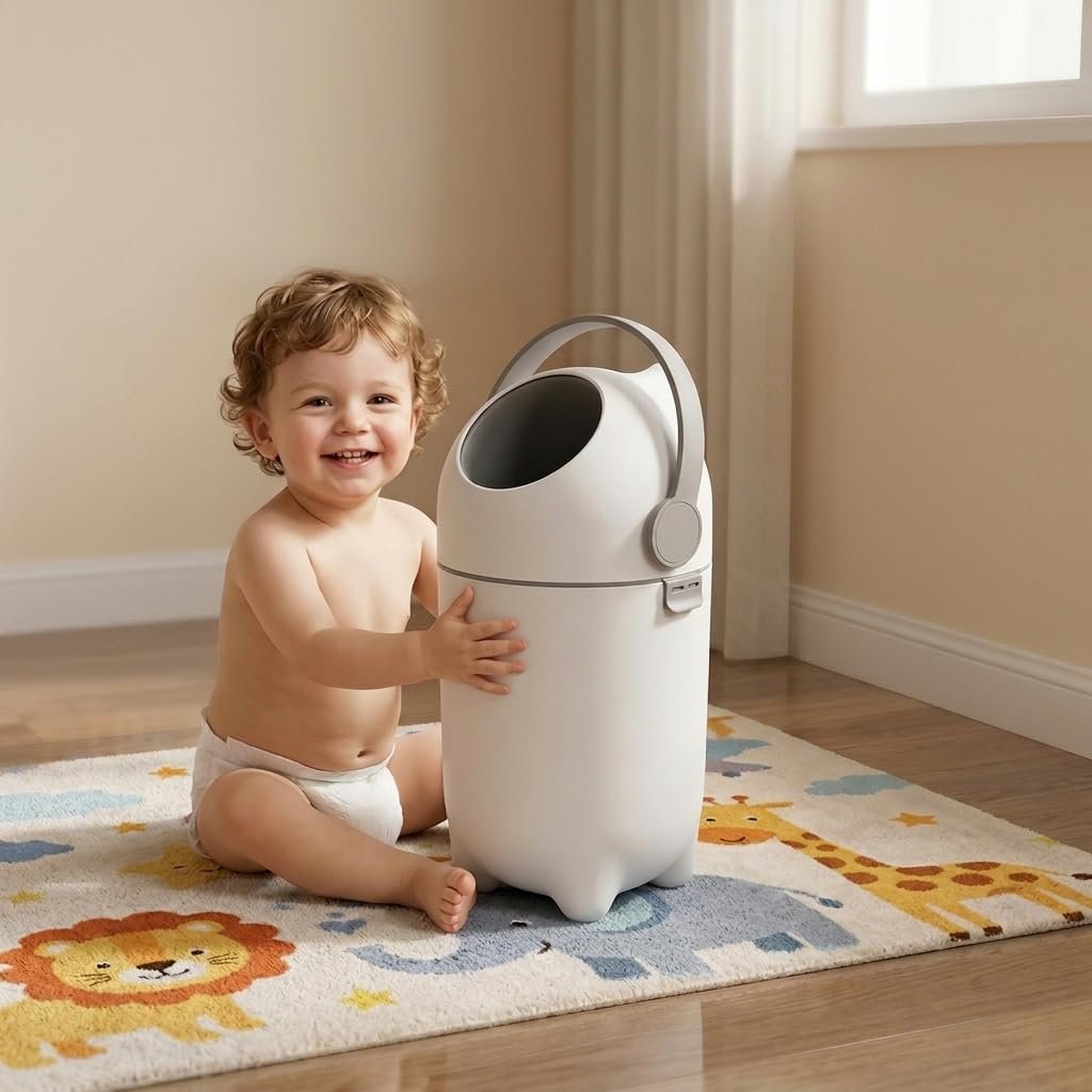Diaper Pail Airtight Lid, Odor Control Diaper Bin Nursery Trash Can 15 Liter 4 Gallon, Baby Diaper Disposal Container Holds 16 Diapers, Plastic Diaper Waste Bin for Nursery Bathroom Bedroom (White)