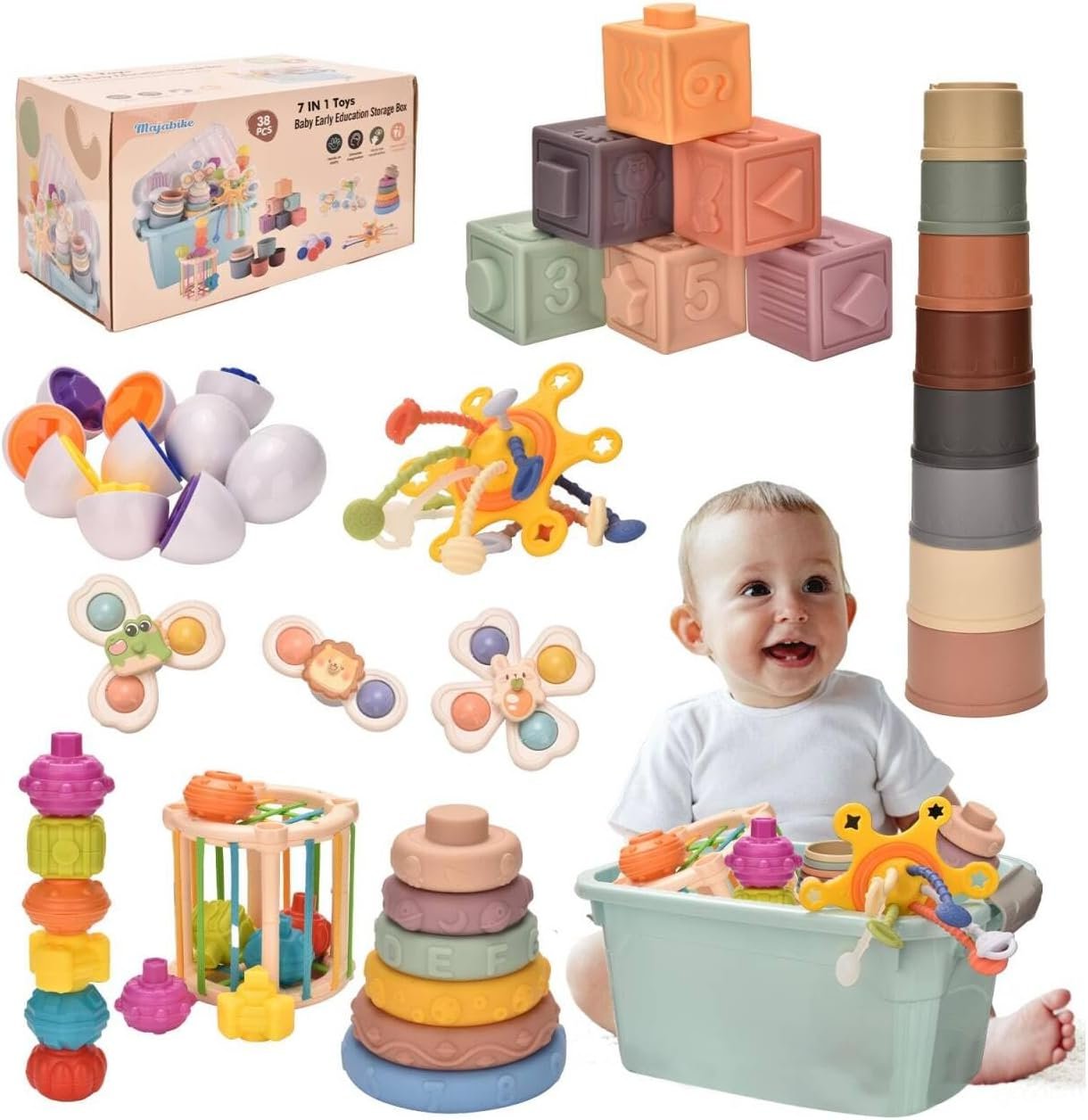 Baby Toys 6 to 12 Months 7 in 1 Montessori Teething Toys Sorting Sensory Educational Learning Gift for Toddlers Aged 1-3