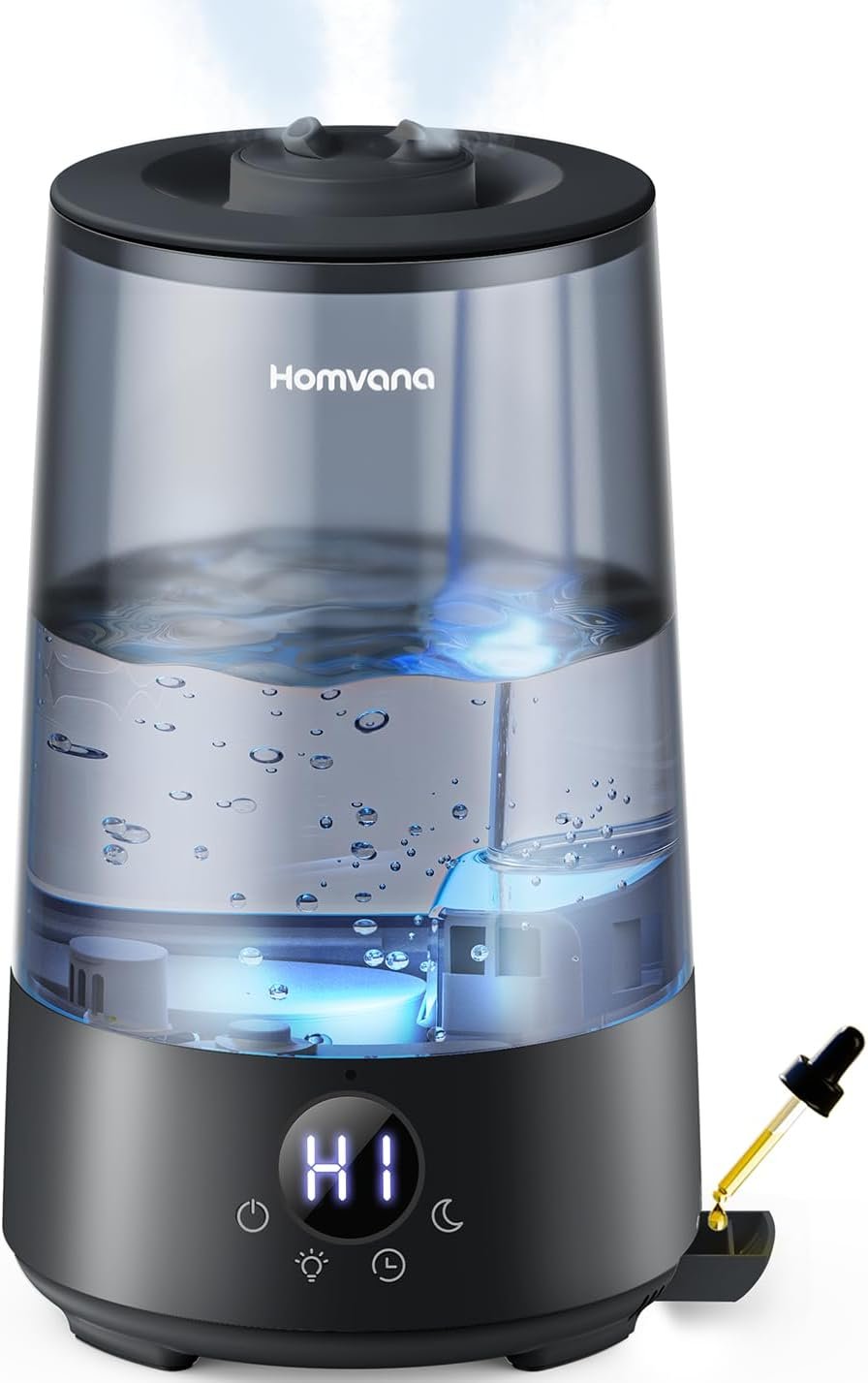 Homvana Humidifiers for Bedroom Home, 3.6L Cool Mist Top-Fill 34H Super Long Time, Quiet 23dB, Baby Humidifier, Oil Diffuser for Large Room, House, Plant, Nursery, Office, BPA FREE, Ultrasonic (Black)