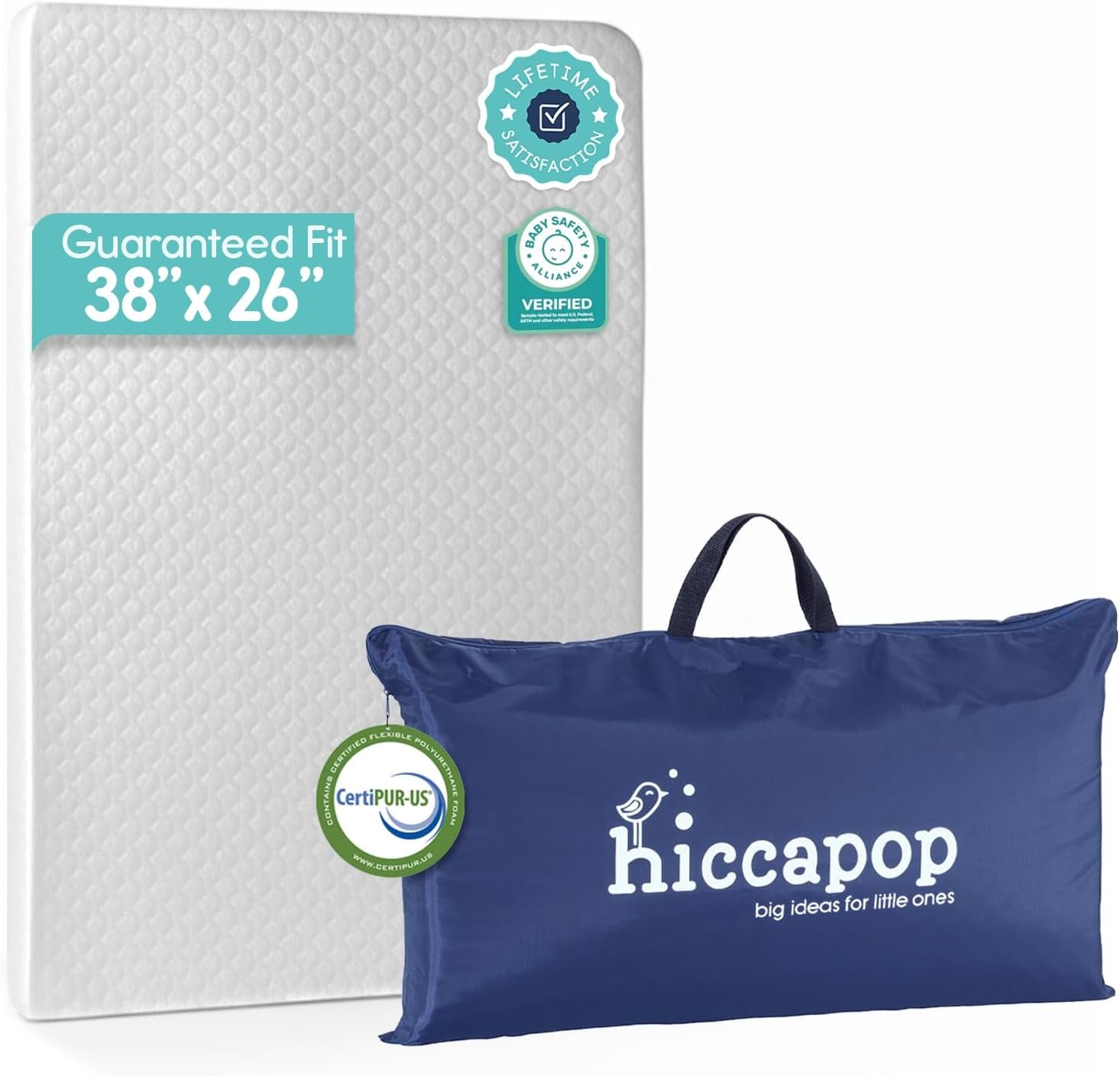 Hiccapop Playard Mattress Pad (38″x26″x1″), Playpen Pad, Portable Crib Mattress with Carry Bag, 1″ Thick