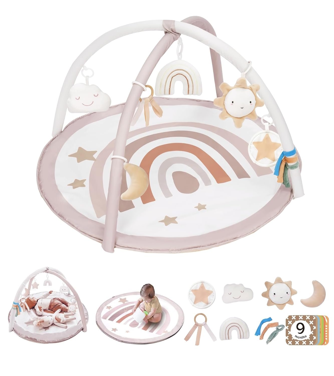 Baby Play Gym Mat, Tummy Time Activity Mat with 7 Detachable Toys and 12 Milestone Cards for Stage-Based Sensory and Motor Skill Development, Washable Play Mats for Infant, Newborn Baby Essentials