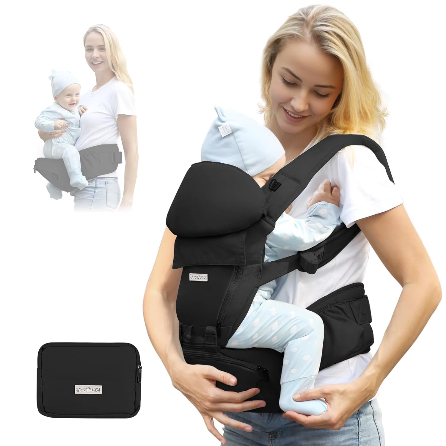 FRUITEAM Baby Carrier Newborn to Toddler 6 in 1 Hip Waist Stool with Head and Lumbar Support, Safety – Certified Hip Seat Carrier, Adjustable & Removable Baby Carrier for All Seasons, Black