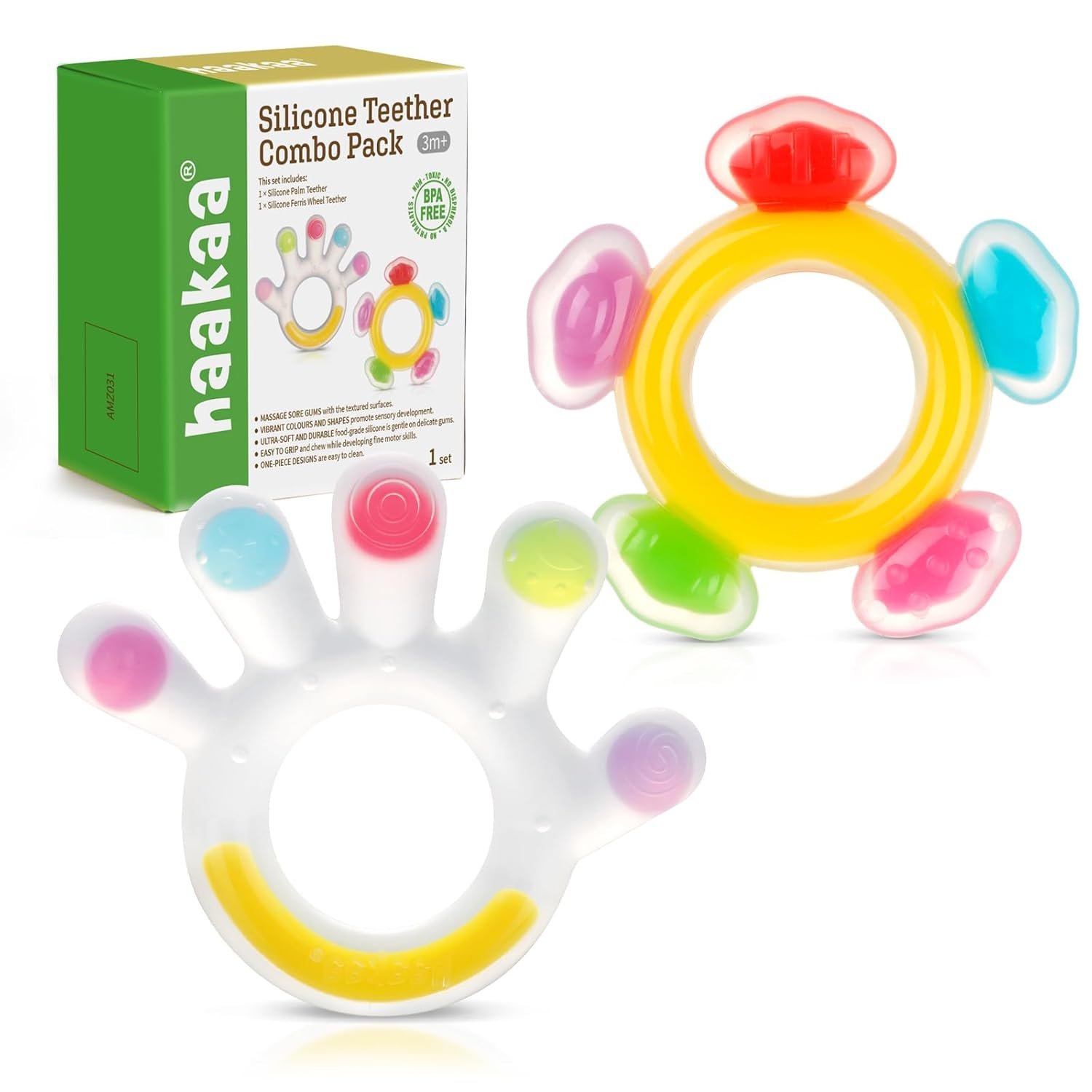 Haakaa Silicone Teether Combo – Baby Freezer Teething Toy – Soft Cold Teether – Soothe Teething Pain & Itching Gums – Perfect Size – Palm & Ferris Wheel Shape for 3M+ Babies BPA Free – 2 pk