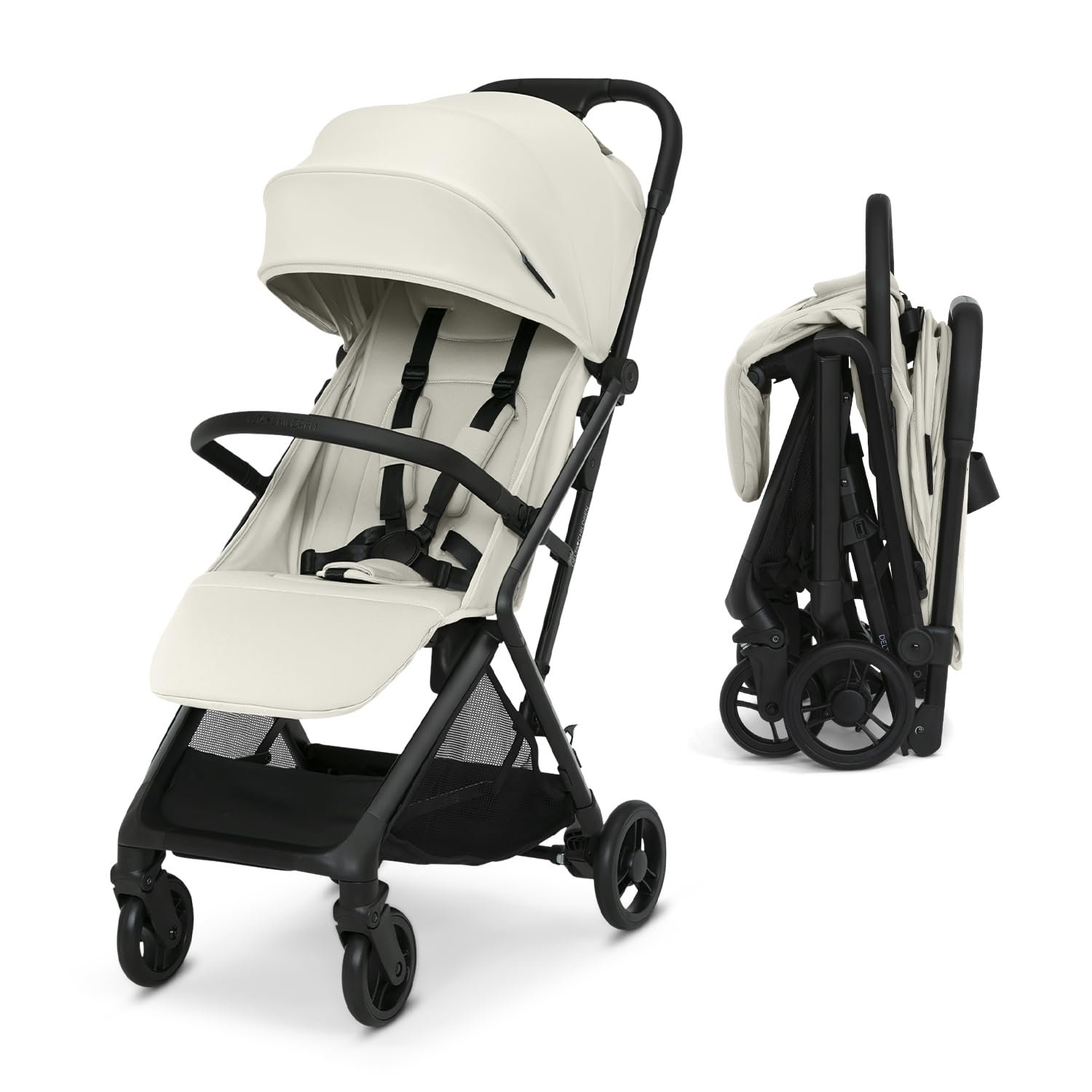 Delta Children Icon Ultra Compact Lightweight Everyday & Travel Stroller – One-Hand Fold – Only 15.6 Pounds – Fits in Overhead Compartments – Greenguard Gold Certified – Multi-Position Recline, Cream