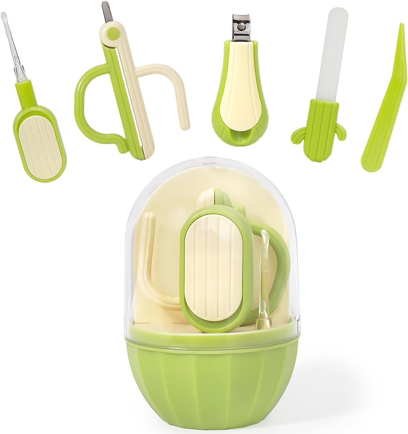 5-in-1 Baby Nail Kit with Storage Case, Cactus Theme Design Including Baby Nail Clippers, Nail Scissors, Nail File, Tweezers & Nose Picker, Newborn Essentials Must Haves for Baby Shower(Green)