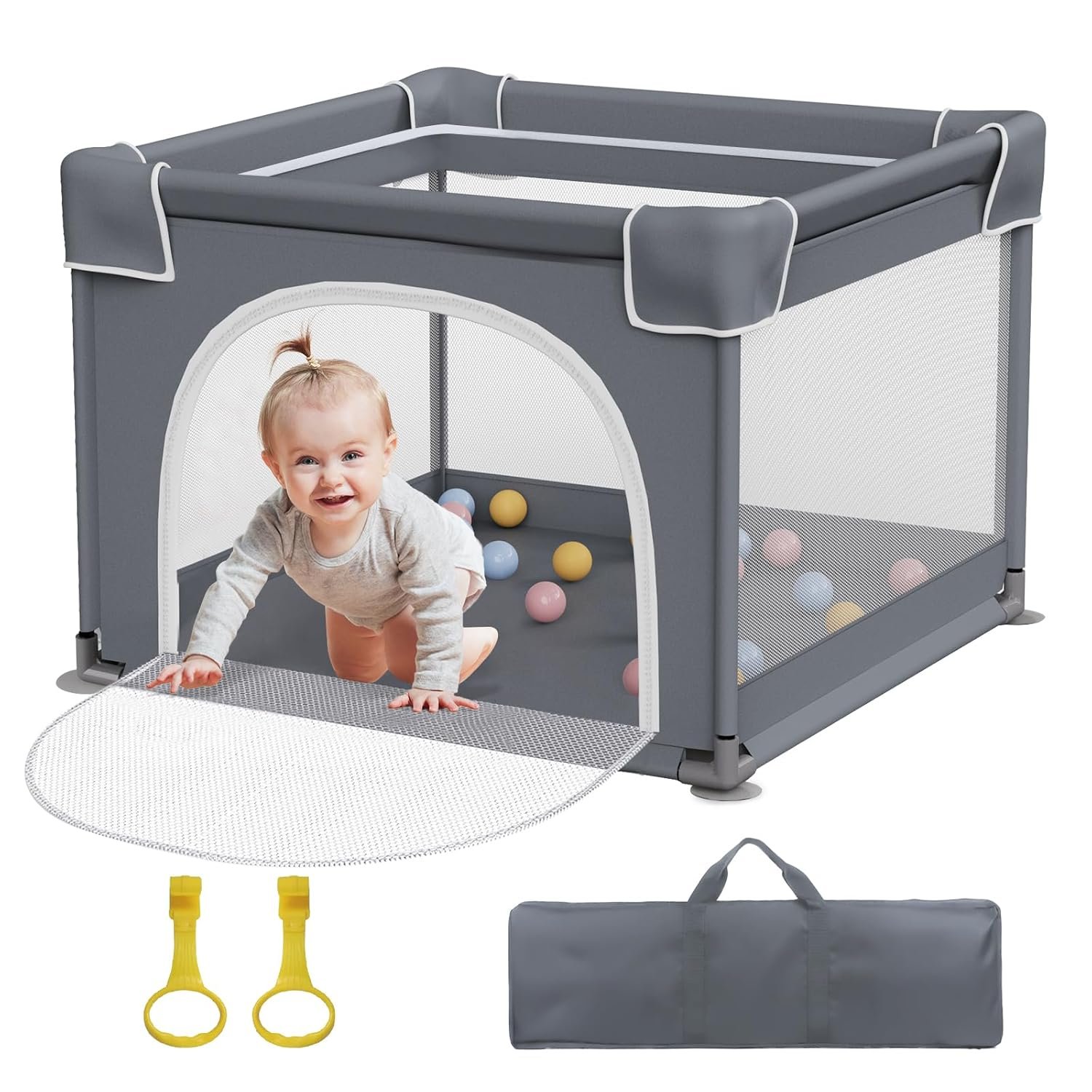 Jixrolyn Small Playpen for Babies and Toddlers, 36″x36″, Soft Breathable Mesh, Anti-Slip Base, Mini Baby Play Yard with Pull-Up Ring