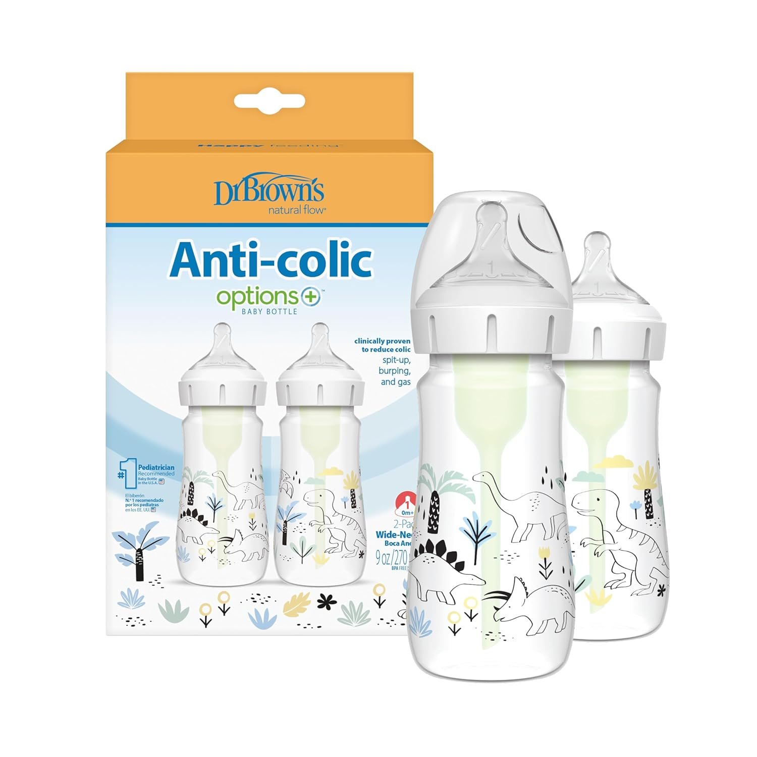Dr. Brown’s Anti-Colic Options + Wide-Neck Baby Bottle Designer Edition Dino Decos, 9oz/270mL, Level 1 Slow Flow Nipple, BPA-Free, 0m+, 2-Pack