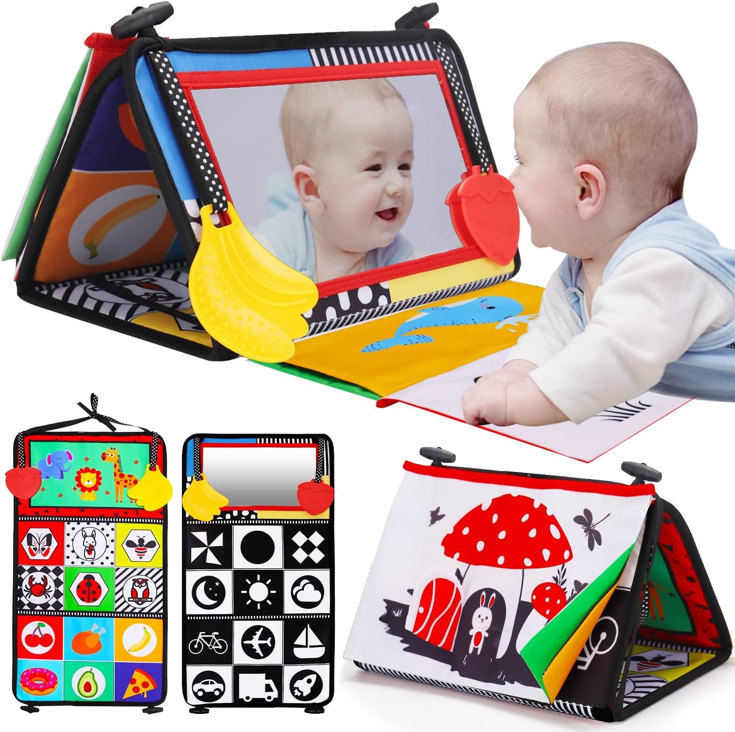 Tummy Time Baby Mirror Infant Toys Newborn 0 3 Months Brain Development with Crinkle Cloth Book Teether Black and White High Contrast Baby Toys 2 4 5 0-6 Month Boys Girls Sensory Activity Shower Gifts