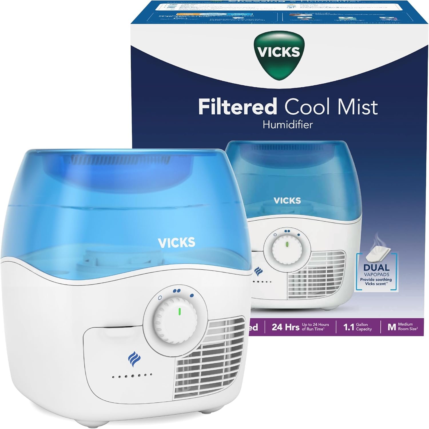 Vicks Filtered Cool Mist Humidifier, Medium Room, 1.1 Gallon Tank – Humidifier for Baby and Kids Rooms, Bedrooms and More, Works with Vicks VapoPads