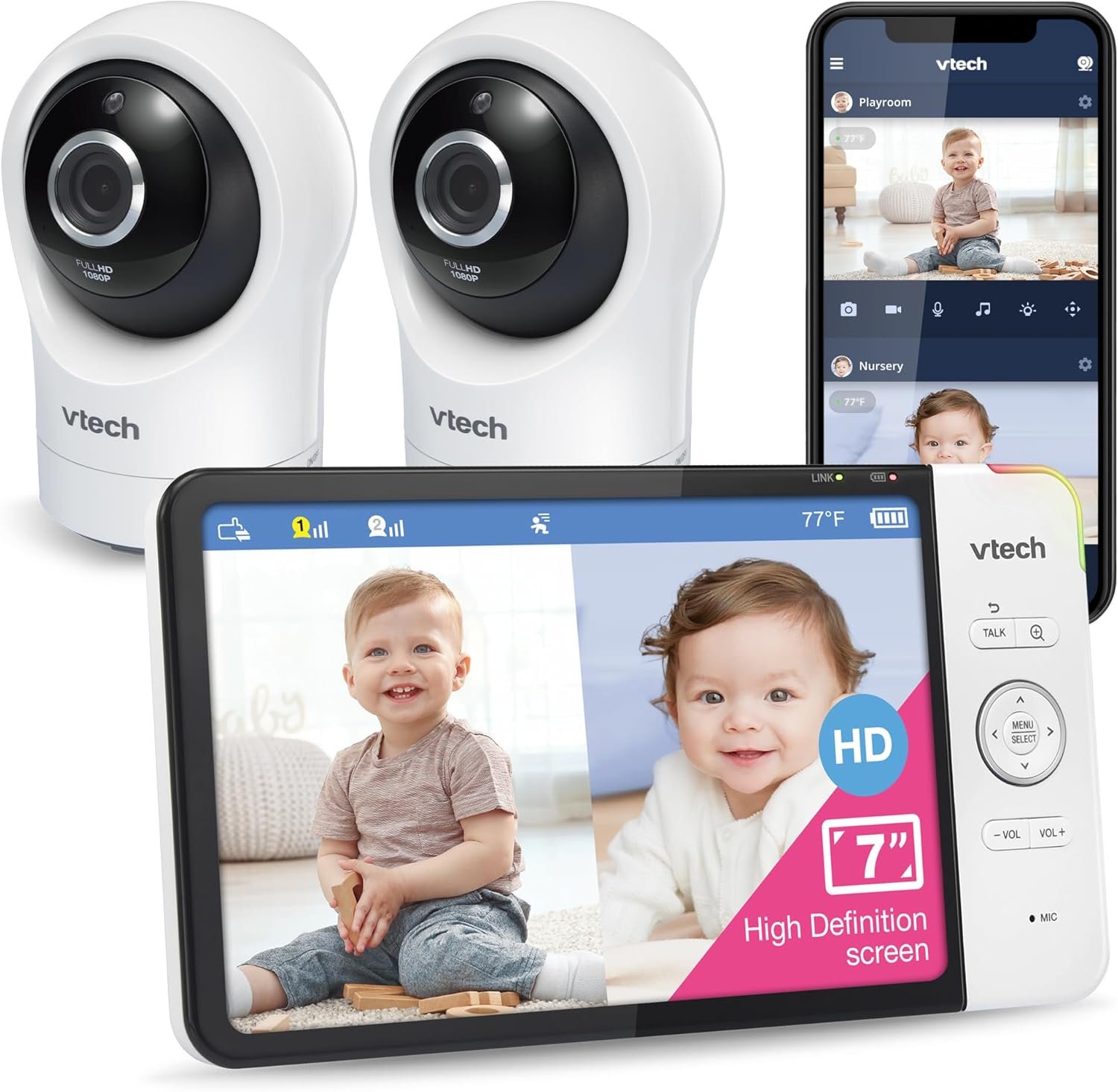 VTech RM7764-2HD Smart WiFi Baby Monitor with 2 Cameras, 1080p HD Video, 360° Pan & Tilt, 10x Zoom, 7″ HD Parent Unit, Night Vision, Soothing Sounds, 2-Way Talk, Temperature & Motion Detection