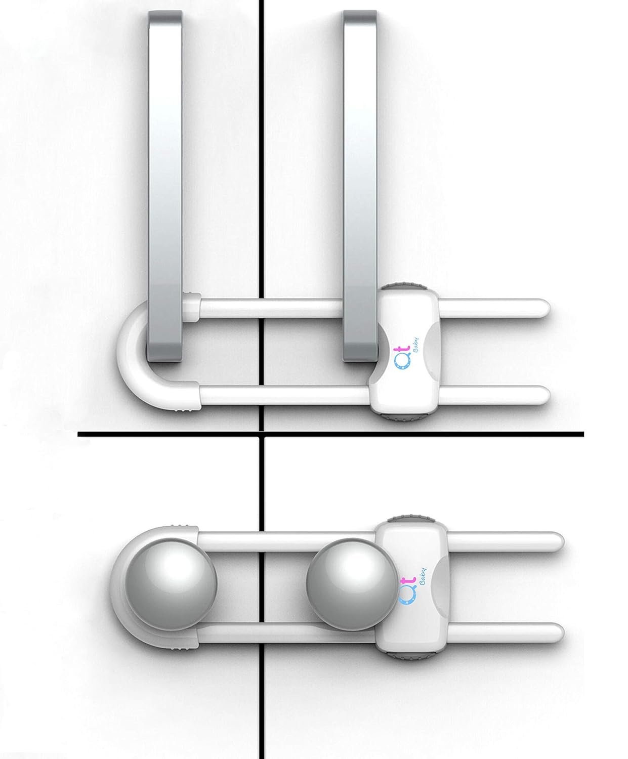 QT BABY Baby Proofing Cabinet Locks | Adjustable U Shaped Baby Safety Latches for Drawers, Fridge, Closet |Modern Baby Proofing Cabinet Lock with Extra Secure Lock Buttons (Pack of 2, White)