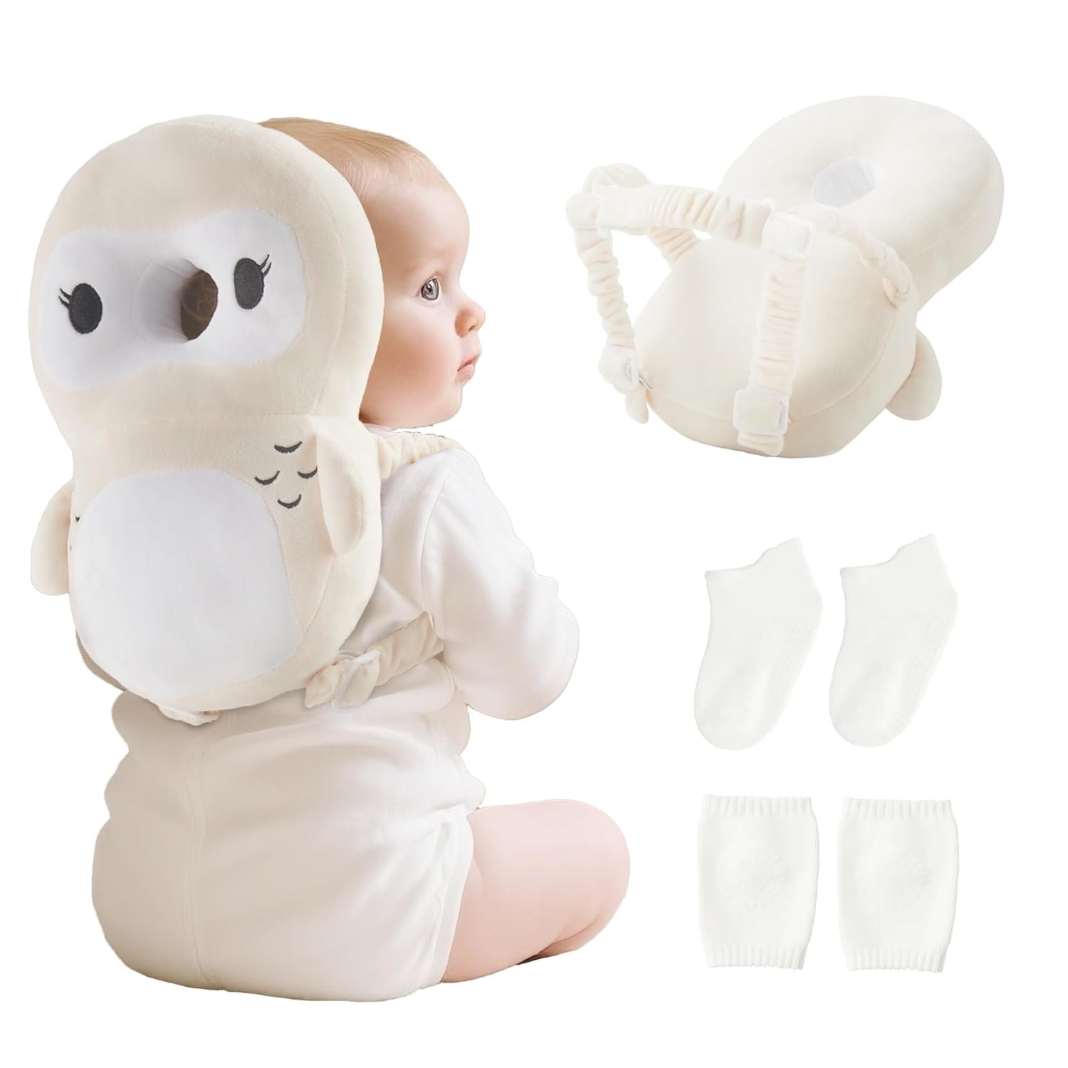 Fortella Baby Head Protector Backpack with Socks and Knee Pads – Adjustable Safety Pillow for Crawling Toddlers 5-12 Months, Soft Cushioned Support, Infant Travel Essentials Gift for Boys Girls (Owl)