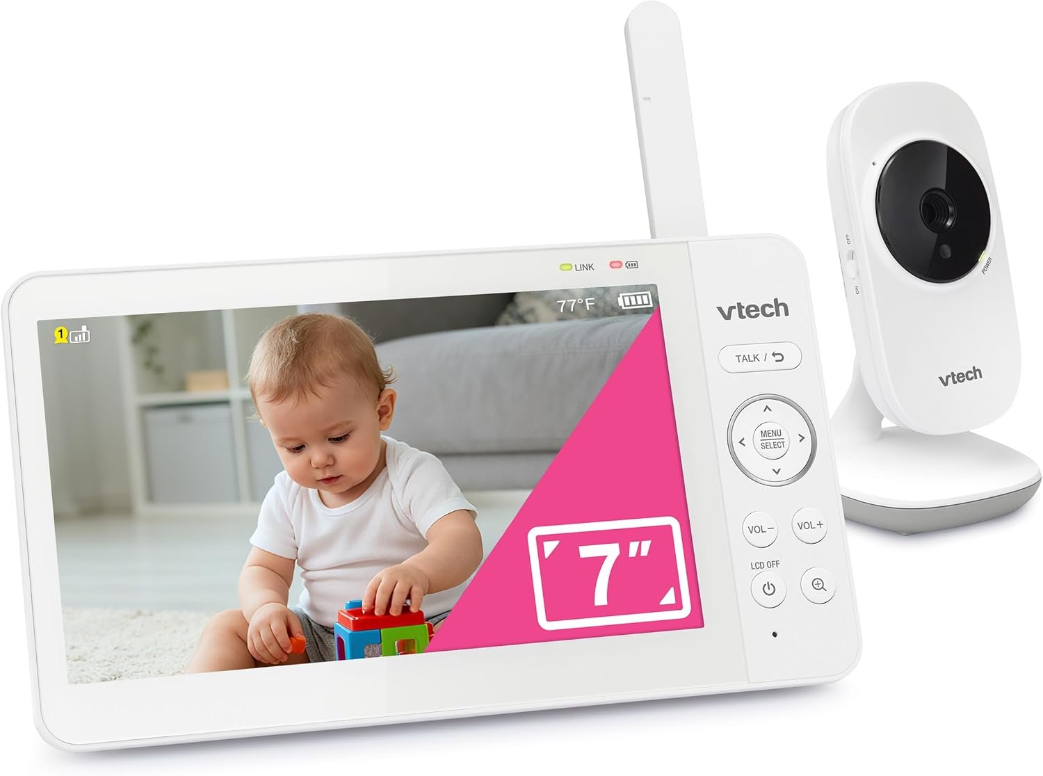 VTech Baby Monitor No WiFi with 7″ Screen – 12Hr Battery, 1000ft Range, Night Vision, Two-Way Talk, Temperature Sensor, Lullabies, Sound-Activated Screen | 819 Max