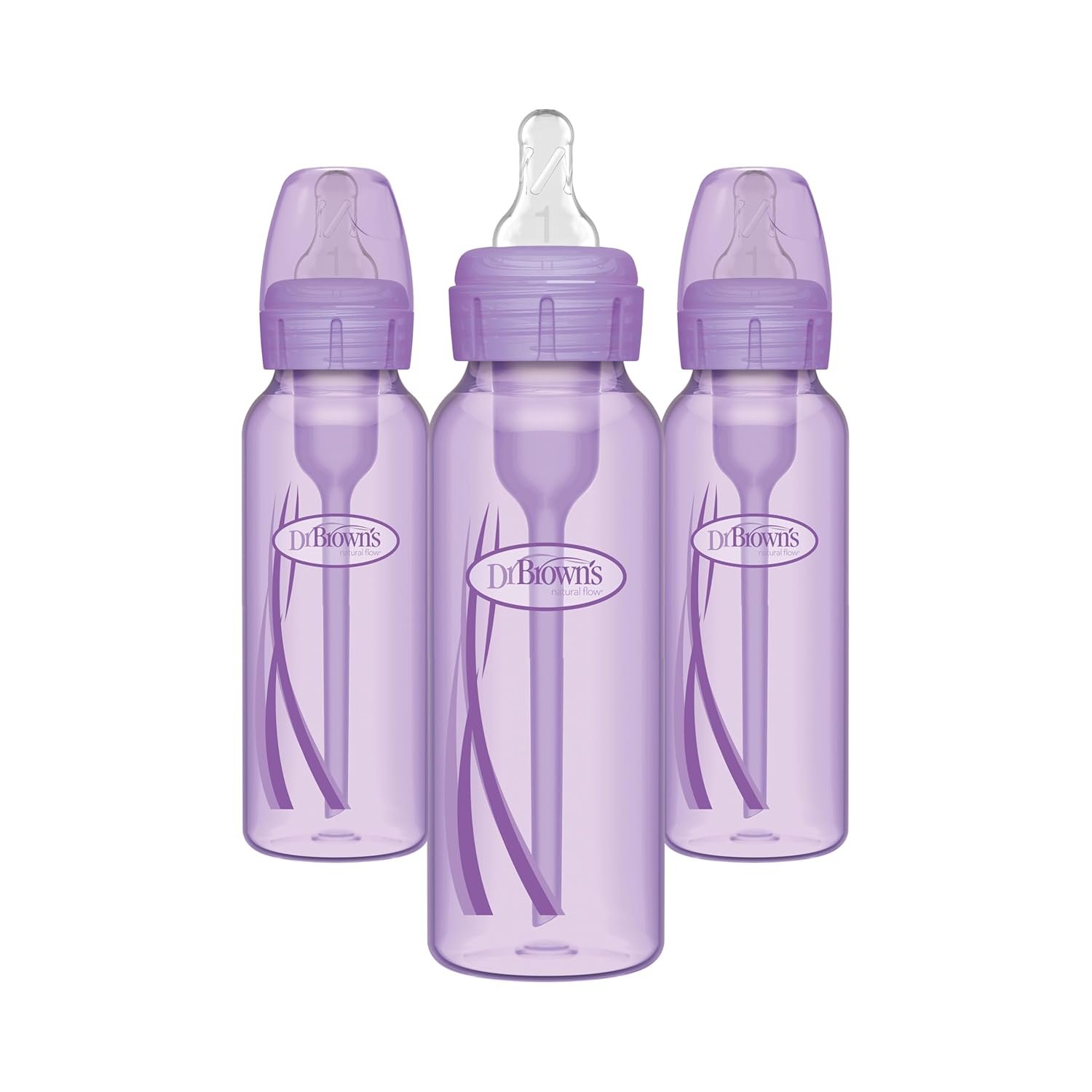 Dr. Brown’s Anti-Colic Options+ Narrow Baby Bottles, 0m+ Level 1 Nipple – Baby Bottle to Reduce Colic (3 Pack), Purple 8 oz