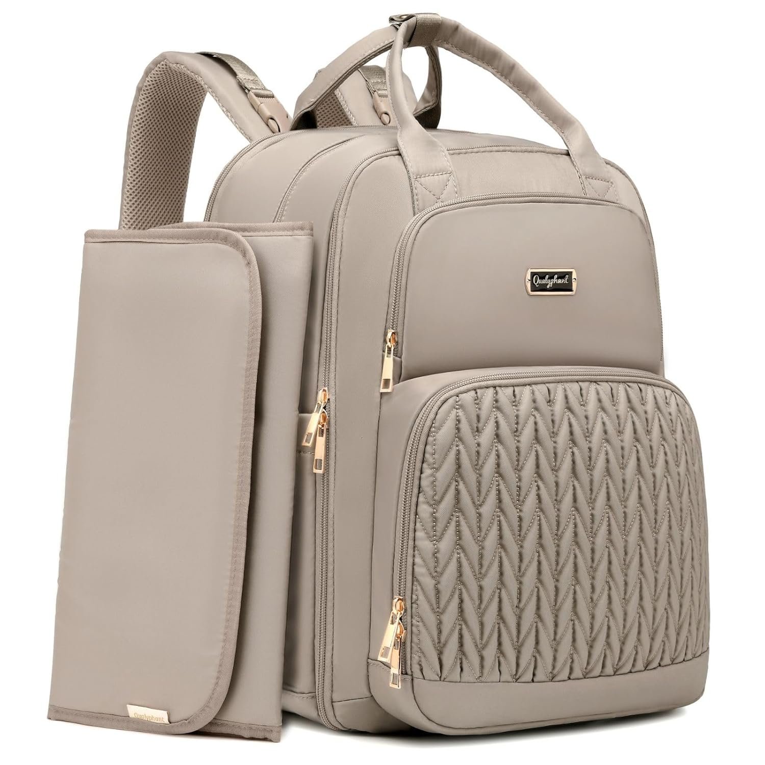 Qualyphant Extra Large Diaper Bag Backpack for 2 Kids Twins – Expandable Diaper Bag (30-38L) – Travel Baby Backpack with Changing Pad for Mom Dad (Quilted, Water Resistant, Brown Taupe)