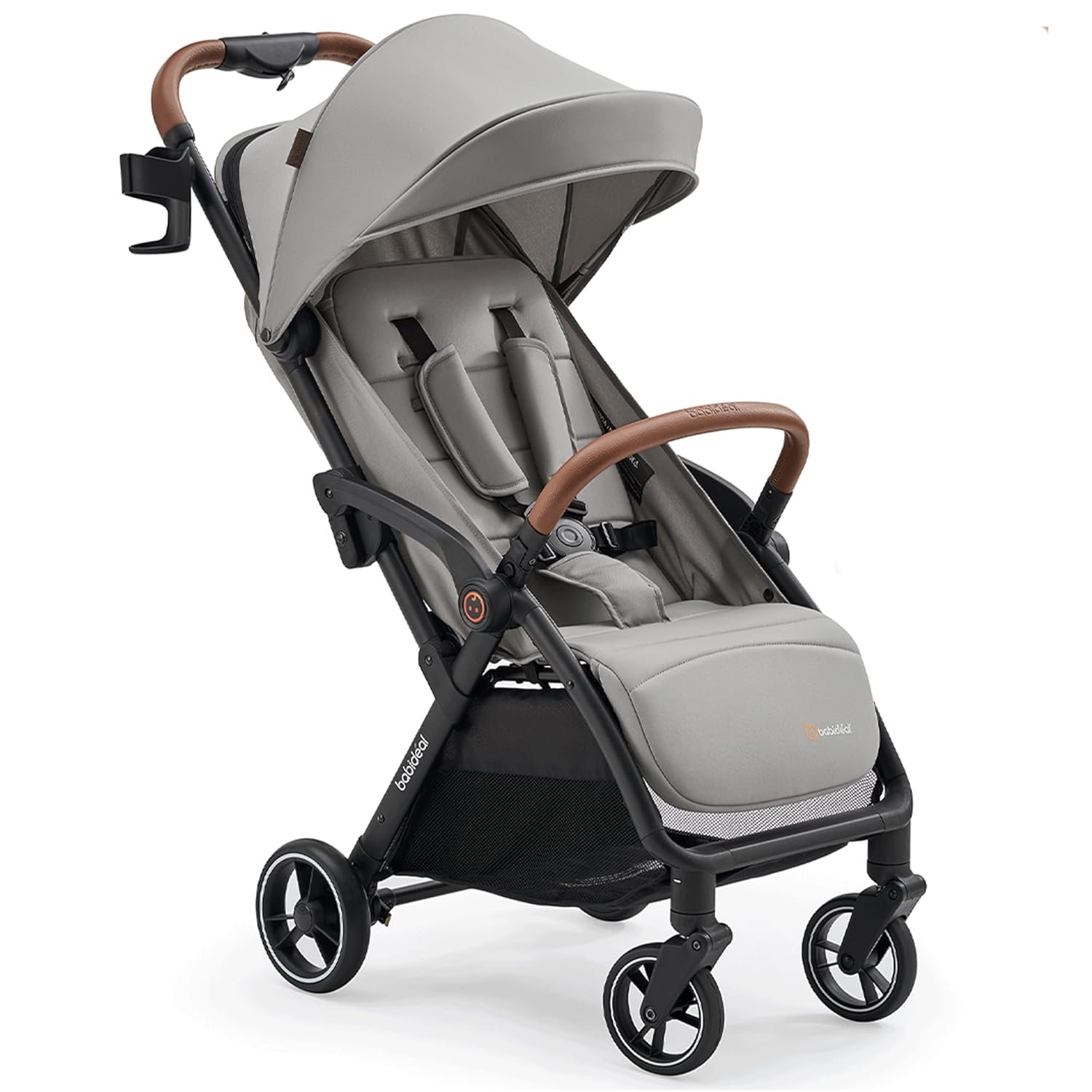 Babideal Lightweight Travel Stroller for Baby, Self-Folding Toddler Stroller with Large Canopy, One-Hand Operated Reclining Seat, Cup Holder Included – Newborn to 50lbs. (Grey)