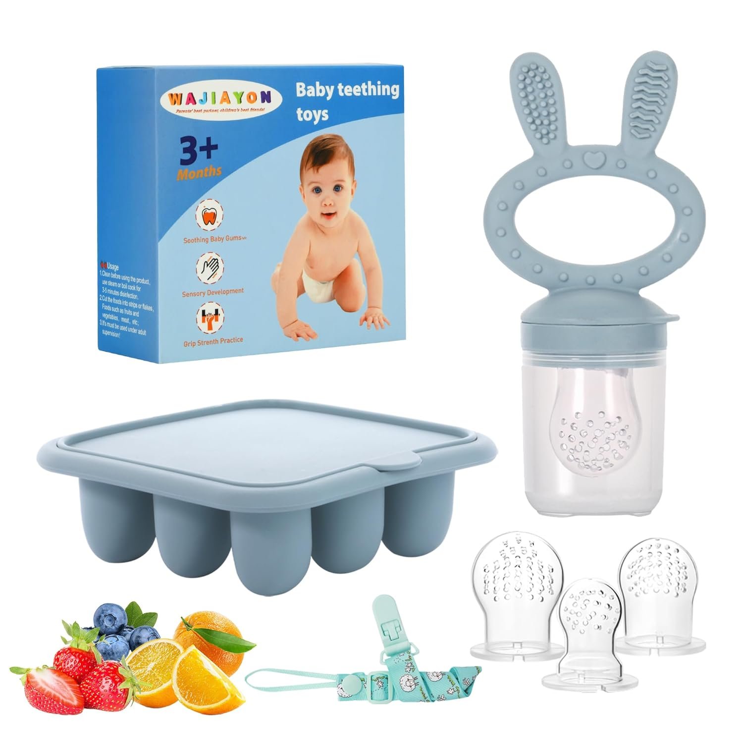 Baby Breastmilk Popsicle Molds & Baby Fruit Feeder (2 Pack), Baby Food Freezer Tray Storage Containers, Silicone Teething Pacifier Feeder and Teether for Babies,Baby Feeder – Blue