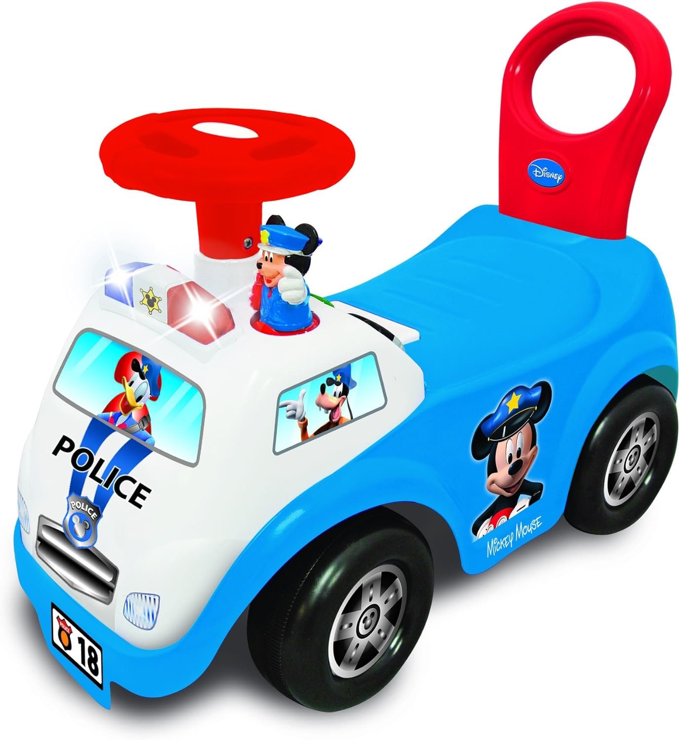 Kiddieland Disney Mickey Police Car Ride-On with Lights & Sounds, Toddler Push Car, Siren Horn Blinker, Interactive Steering Wheel Images, Ages 12–36 Months, Sturdy Foot-to-Floor