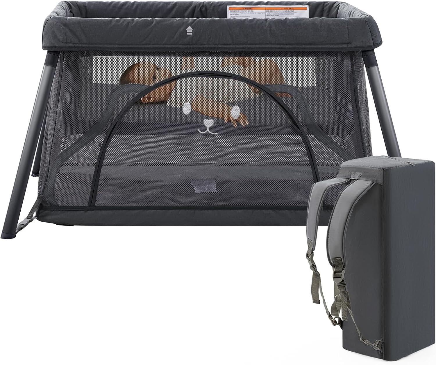 Travel Crib, Portable Crib for Baby, Pack and Play for Babies and Toddler, Lightweight Backpack Design,Foldable Travel Baby Playpen with Mattress(Dark Grey)