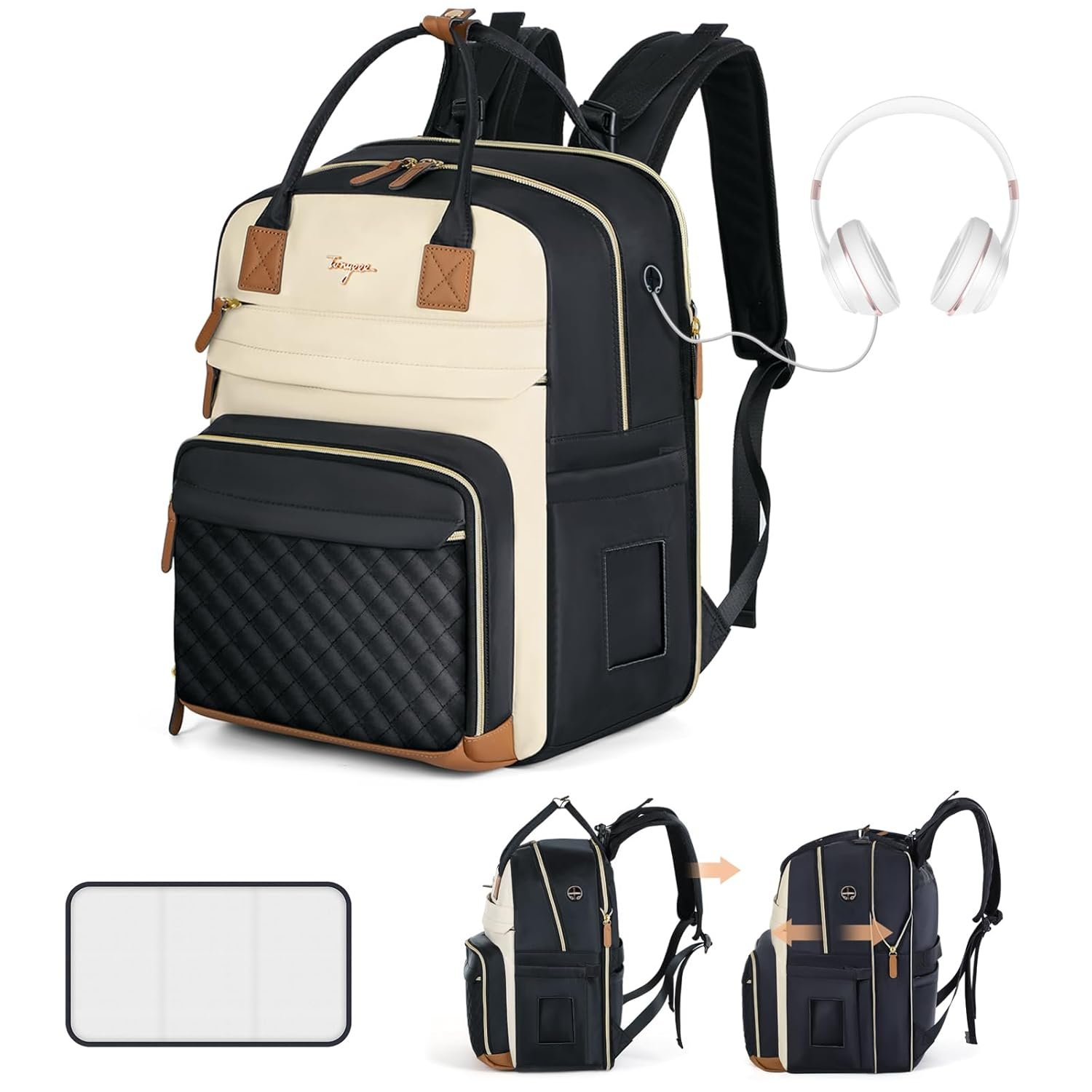 Diaper Bag Backpack – Extra Large Diaper Bag for 2 Kids Twin, Travel Baby Bags for Mom Dad 25-37L Expandable with Changing Pad Earphone Hole, Apricot Black