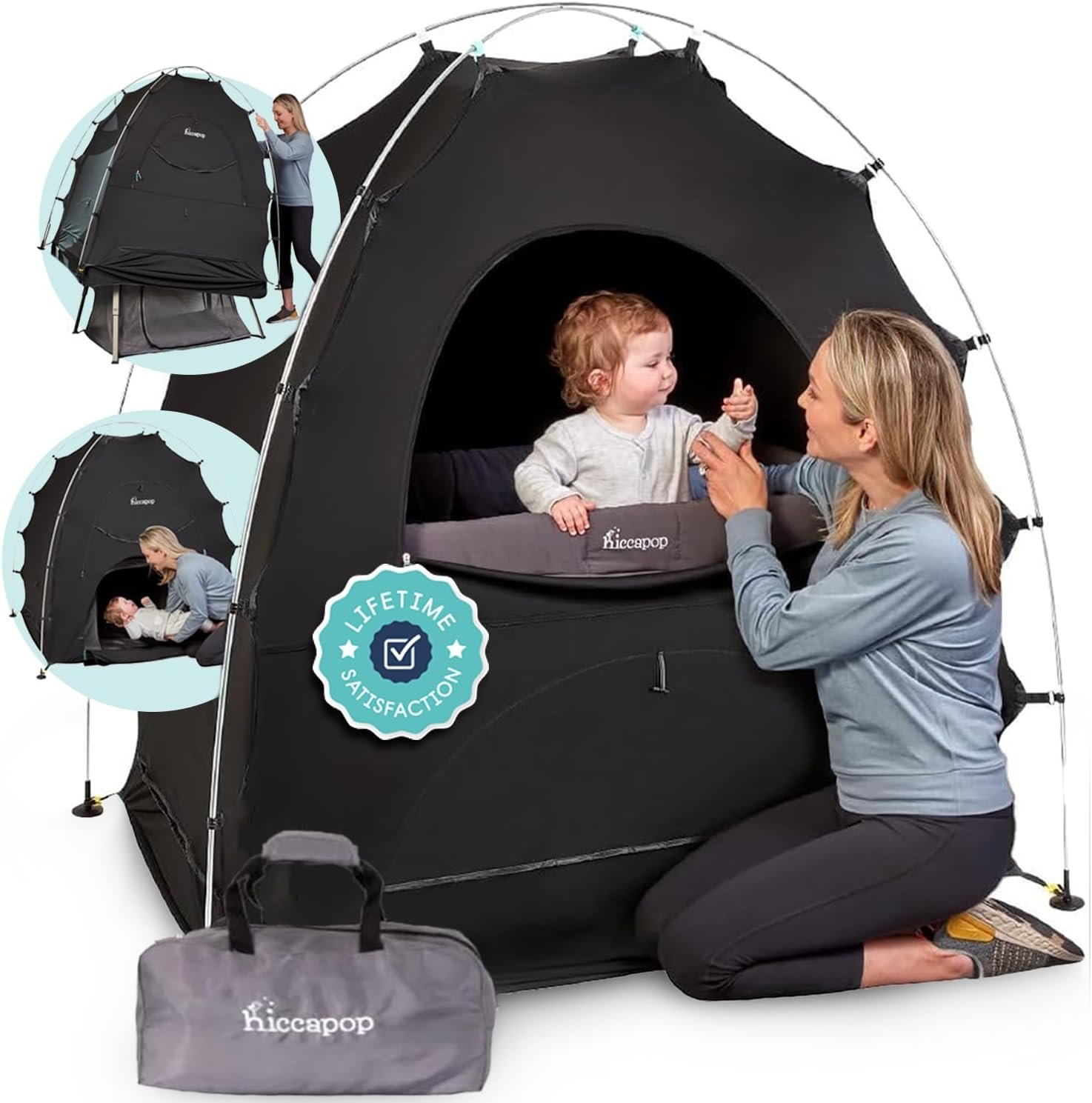 Hiccapop Daydreamer Blackout Tent for Pack and Play, Original Patented 2-Door Sleep Pod for Kids & Babies, Pack and Play Blackout Cover, Blocks 98% of Light for Better Sleep Anywhere, Black