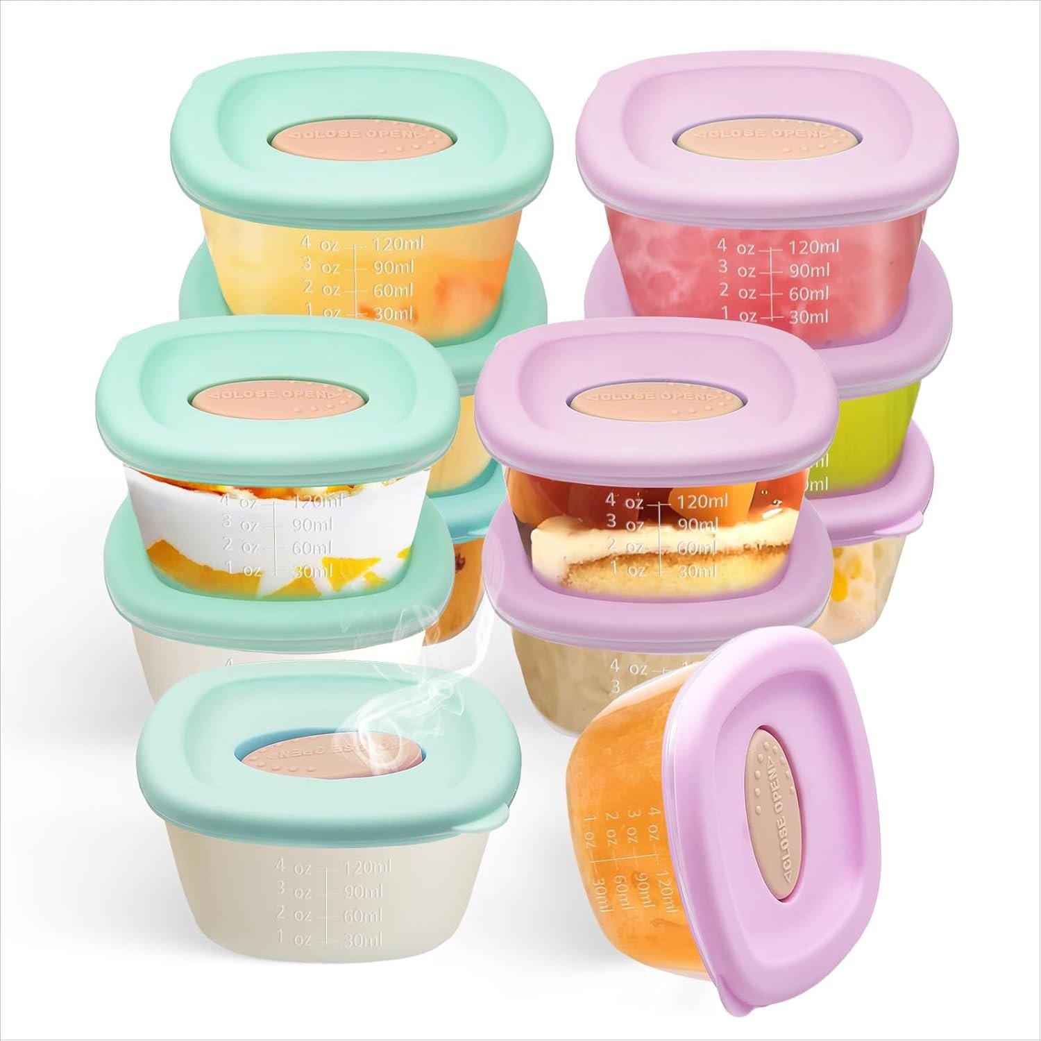 12 Pack Baby Food Storage Containers 4 oz, Baby Silicone Food Jars with Ventilation Valve, Snack Containers with Leak Proof Sealing Lid Microwave Safe, Suitablefor Nurseries, Schools and Travel