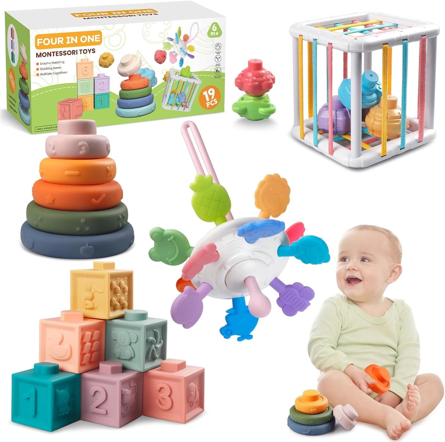 Wuzhineisn Montessori Baby Toys for Ages 6-18 Months – Pull String Teether, Stacking Blocks, Sensory Shapes Storage Bin, Infant Bath Time Fun, 4 in 1 Toddlers Toy Gifts for 1 2 3 Year Old Boys Girls