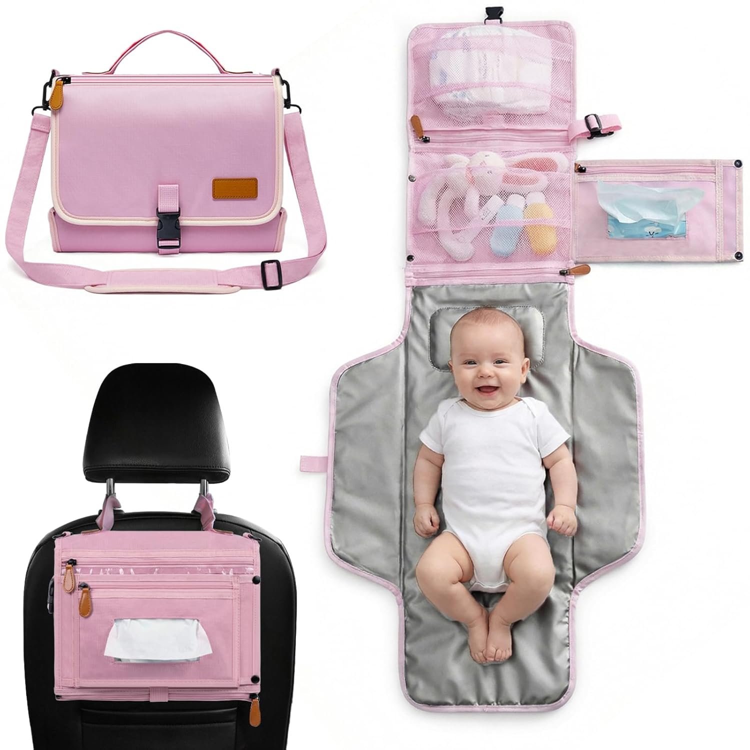 UBRAVOO Portable Diaper Changing Pad – Baby Diaper Changer Travel Bag with Wipes Pocket, Smart Design Portable Changing Mat, Infant Travel Station Kit, Gift for Newborn Girl & Boy (Pink)