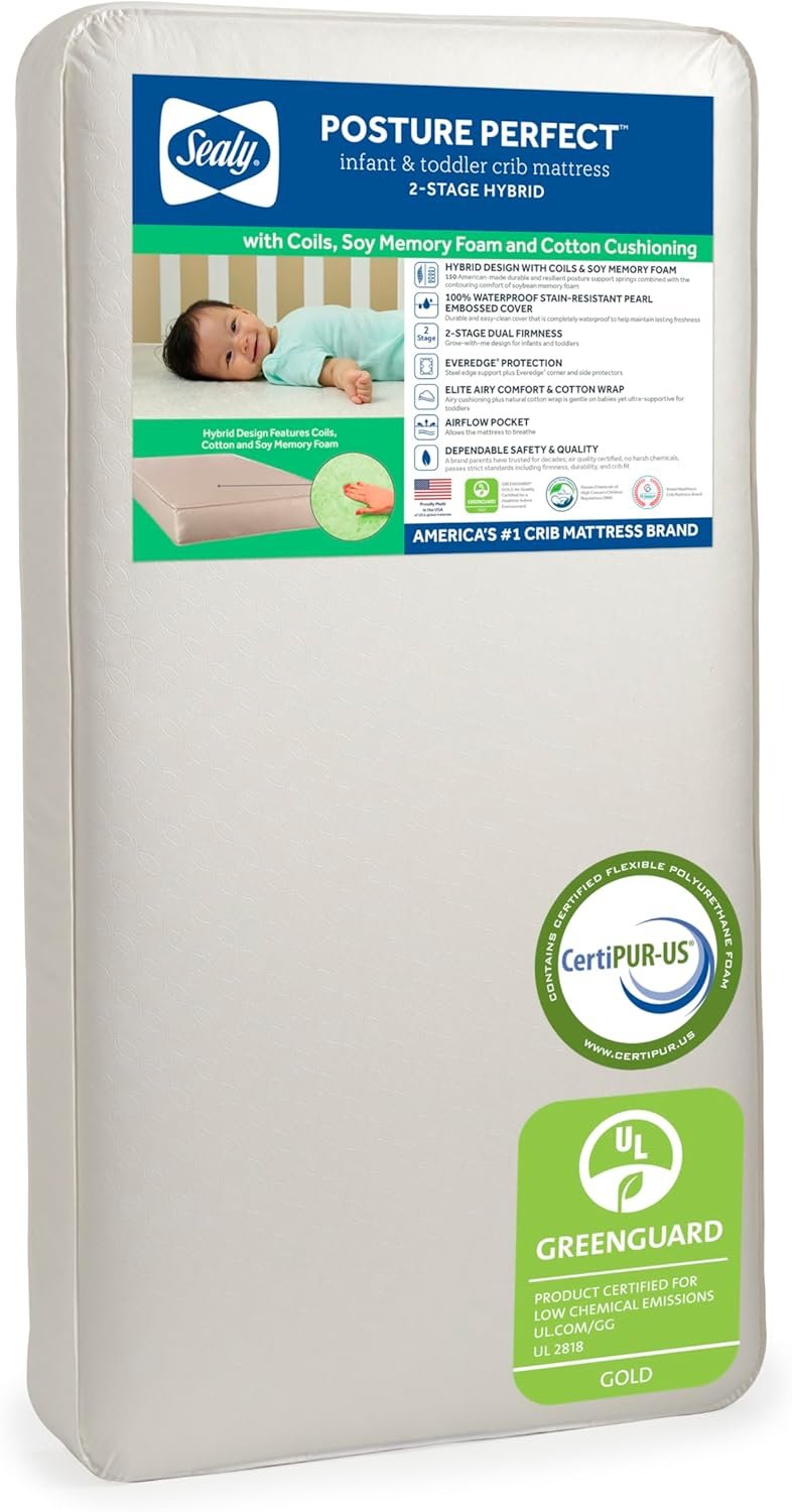 Sealy Baby Posture Perfect Breathable Crib Mattress, GREENGUARD Gold Certified, Made in USA, 2 Stage Hybrid Memory Foam & 150 Premium Coils, Toddler Bed Fit, Safety & Quality Tested, 52×28″