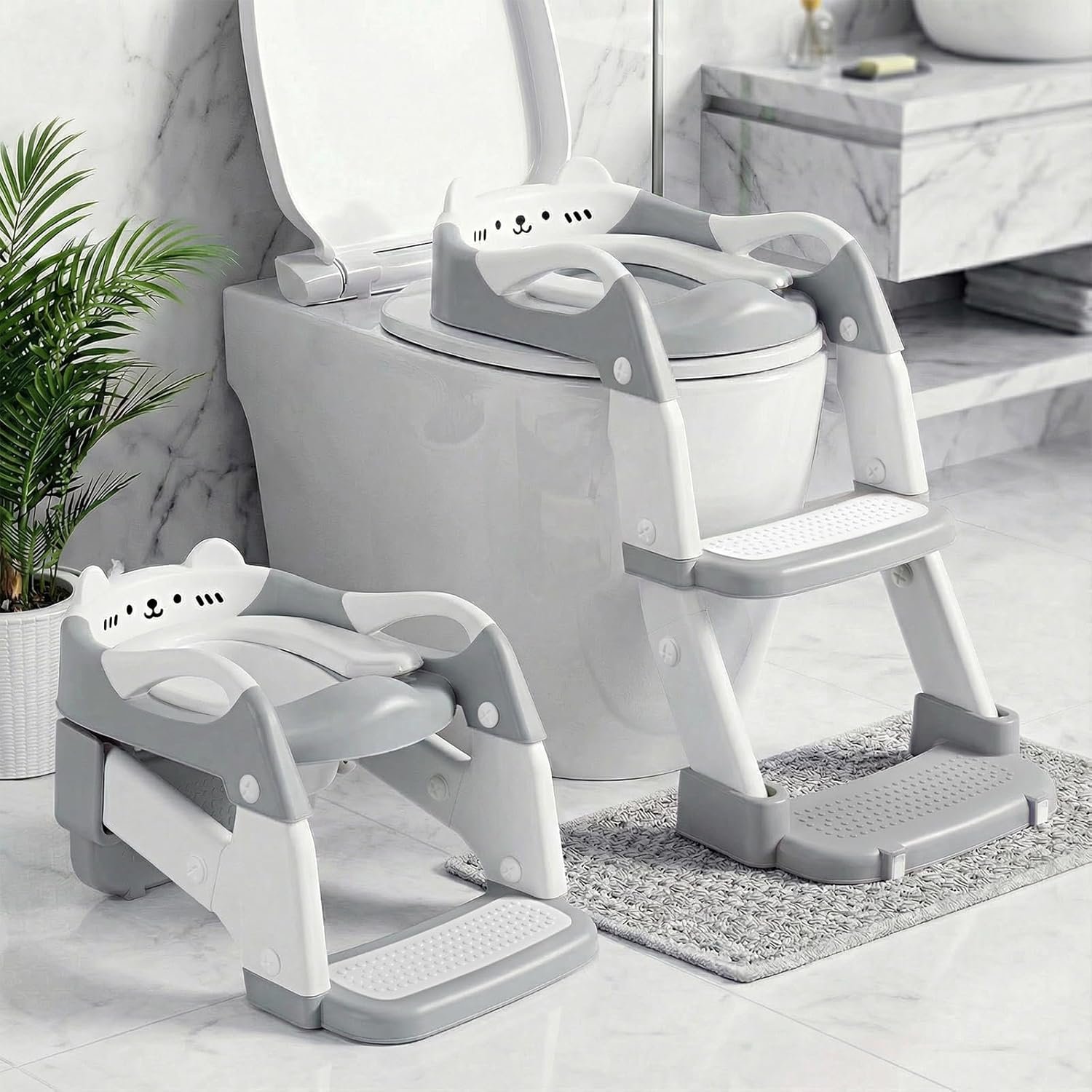 Orzbow Potty Training Seat, Toddler Toilet Seat with Step Stool Ladder, 2-in-1 Toddler Potty Training Toilet Chair for Kids Boys Girls – 5-Level Adjustable Height | Splash Guard | Anti Slip Pad, Grey