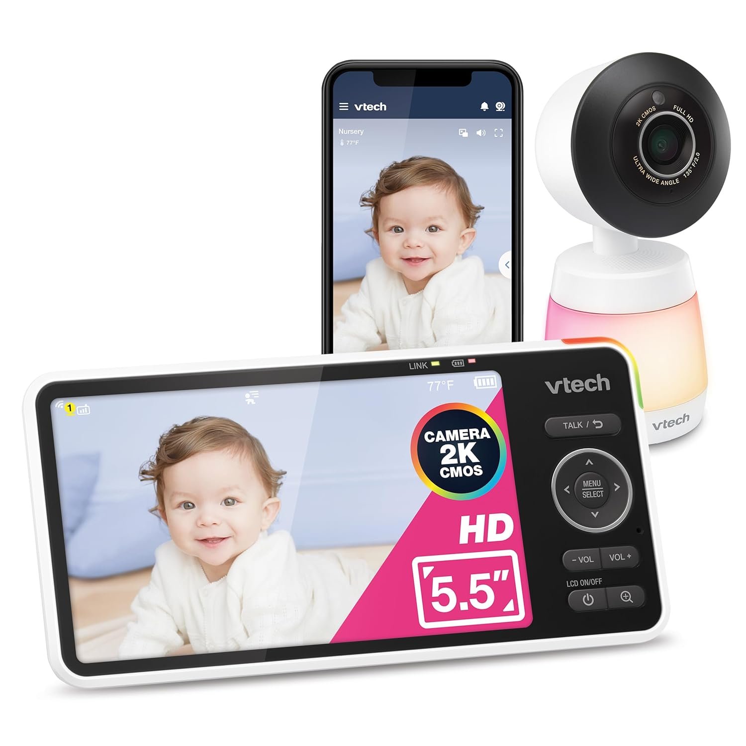 VTech WiFi Baby Monitor with 2K Camera & 5.5″ HD Screen – Pan Tilt 24X Zoom, Night Vision, Two-Way Talk, Multi-Color Night Light, Free App | Smart HD Plus
