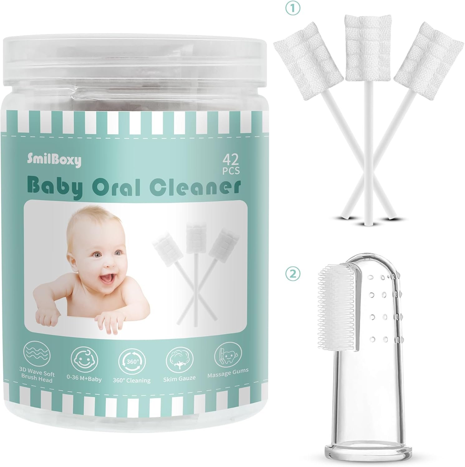 42PCS + 1 Finger Baby Toothbrush with Box Absorbent Gauze Oral Cleaner, Baby Tongue Cleaner, Disposable Infant Tongue Cleaner Newborn Oral Cleaner Gentle Cleaning Care for 0-36 Months Babies