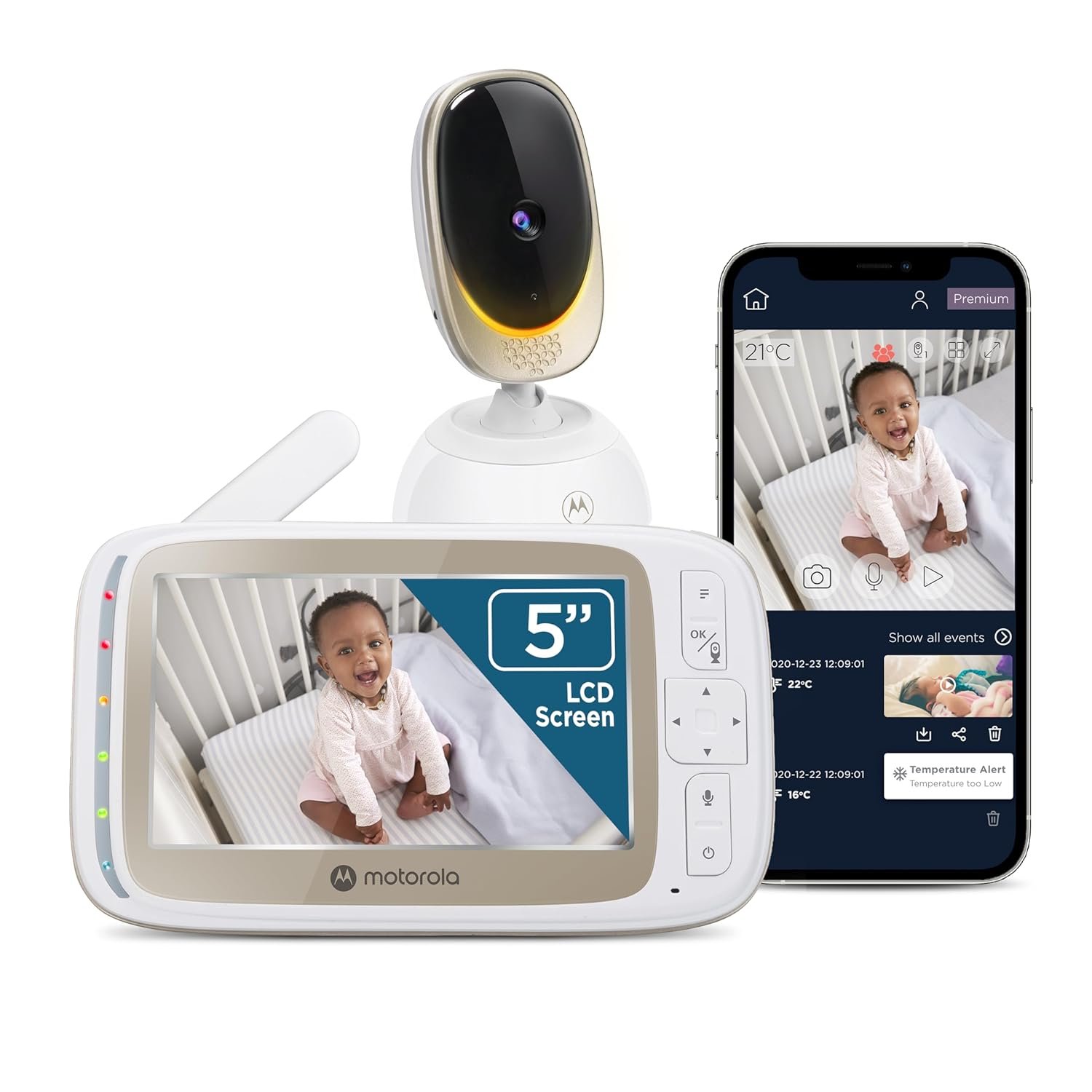 Motorola Nursery WiFi Video Baby Monitor with Camera and Audio, 5″ Screen, HD Camera, Remote Pan-Tilt-Zoom, Smartphone App Access, 2-Way Talk, Night Vision, Temperature and Motion Alerts – VM85
