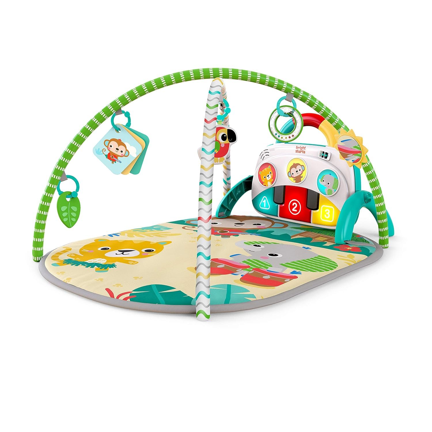 Bright Starts 4-in-1 Groovin’ Kicks Piano Gym, Tummy Time Play Mat & Activity Baby Toys, Green – Tropical Safari, Newborn to Toddler