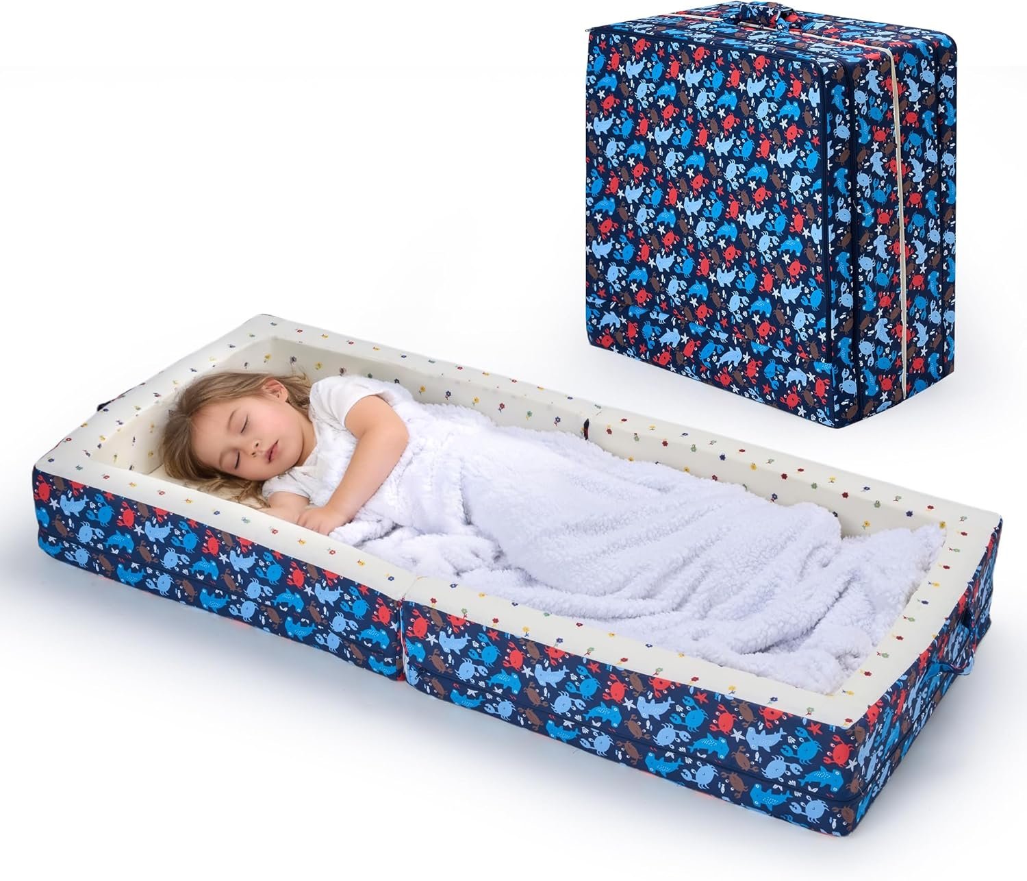 Umoving 100% Cotton Lining Portable Foldable Toddler Travel Bed – Soft Foam Floor Bed with Washable Cover, Safe and Comfortable Toddler Crib, Ocean Blue