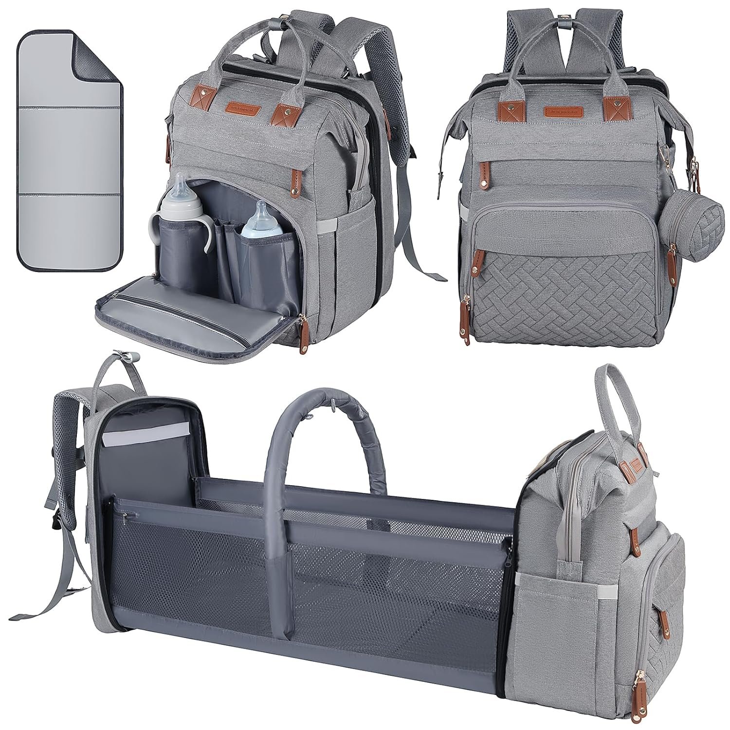 Baby Diaper Bag, Backpack with Changing Table, Unisex Baby Bag, with Diaper Pad, USB Charging Port, Insulated Pacifier Case, Multifunctional Waterproof Travel Diaper Bag, Gift for Newborn Baby (Grey)