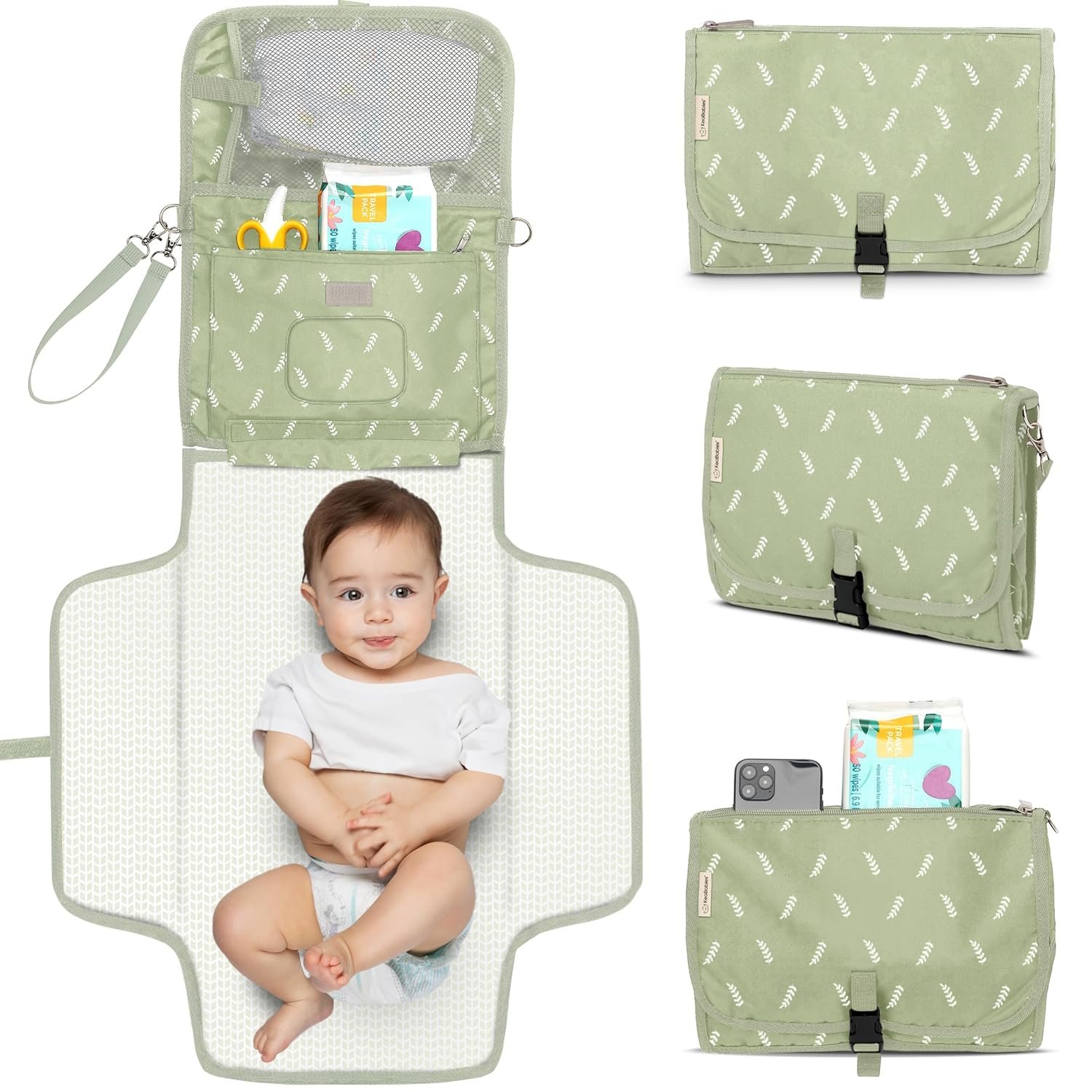KeaBabies Portable Diaper Changing Pad, Travel, Car – Large Waterproof Baby Changing Mat, Wipeable, Padded, On The Go Travel Diaper Clutch Bag, Easy to Use Pockets for Newborn Essentials (Acacia)