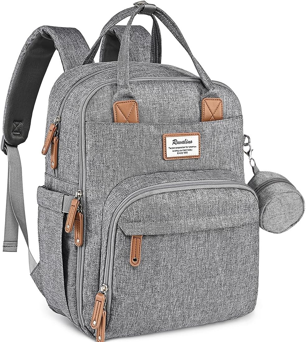 RUVALINO Diaper Bag Backpack-Expandable Baby Bag with up to 50% Capacity -Baby Essentials Bag with Changing Pad Insulated Bottle Holders & Pacifier Case, Waterproof, Gray XL